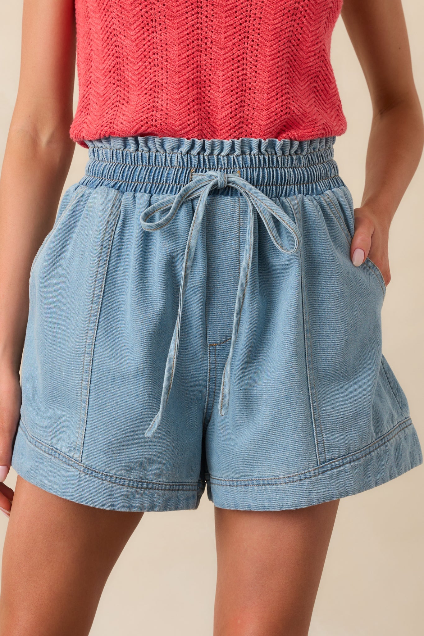 First Things First Light Wash Cotton Drawstring Denim Shorts