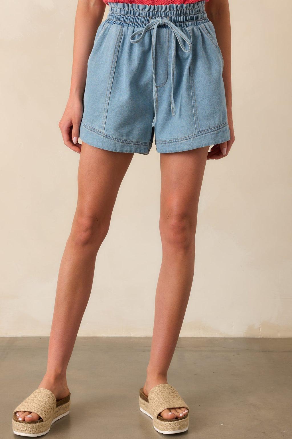 First Things First Light Wash Cotton Drawstring Denim Shorts