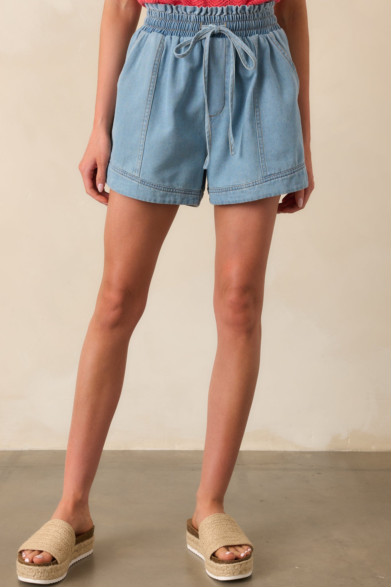 First Things First Light Wash Cotton Drawstring Denim Shorts