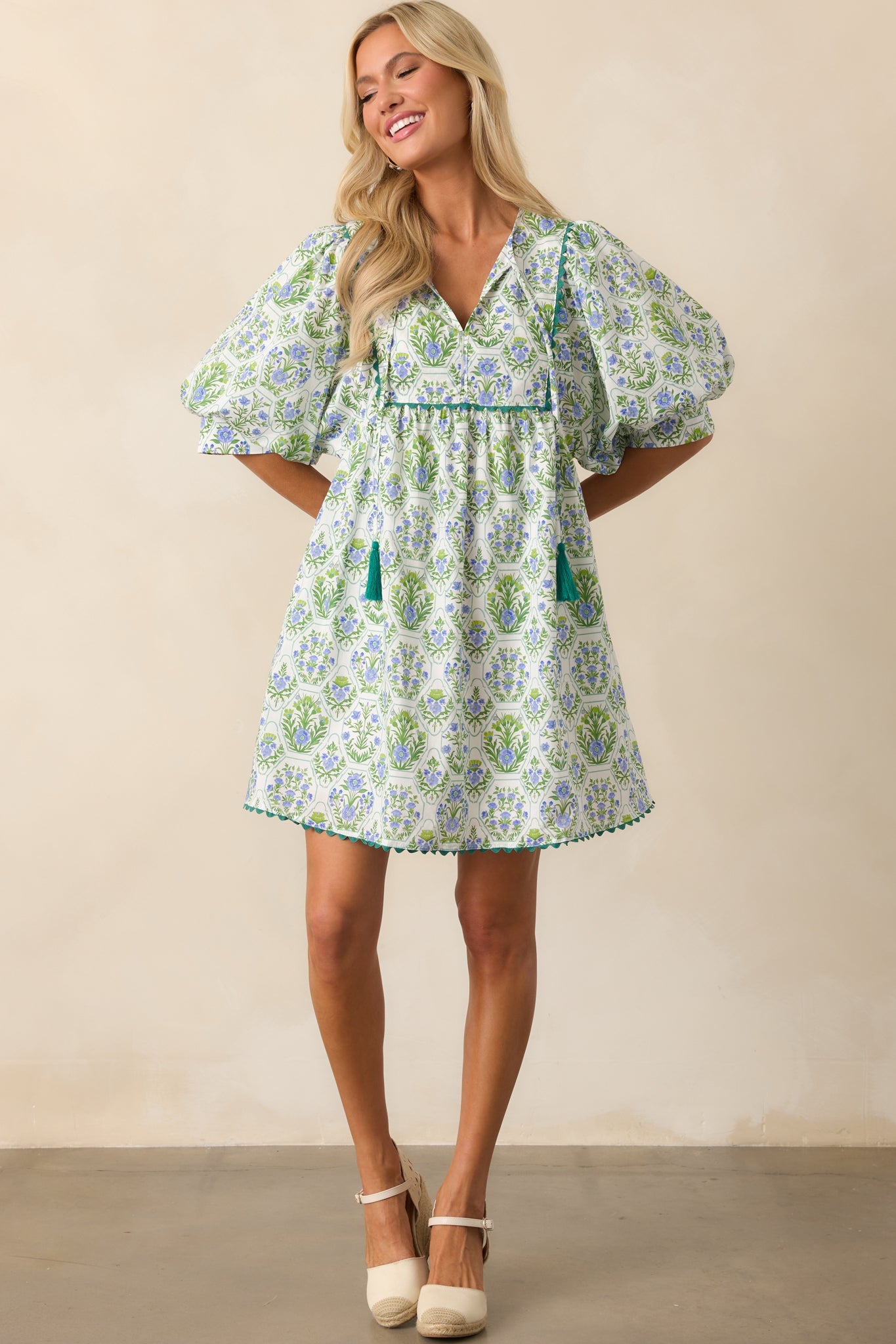 A Little Something Green Geometric Floral Cotton Mini Dress