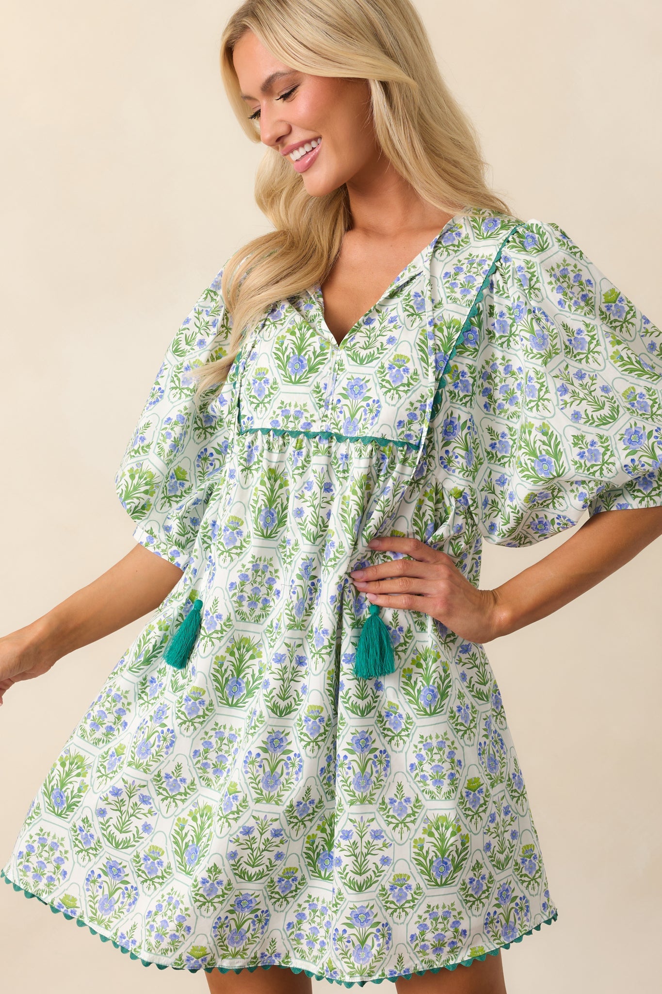 A Little Something Green Geometric Floral Cotton Mini Dress