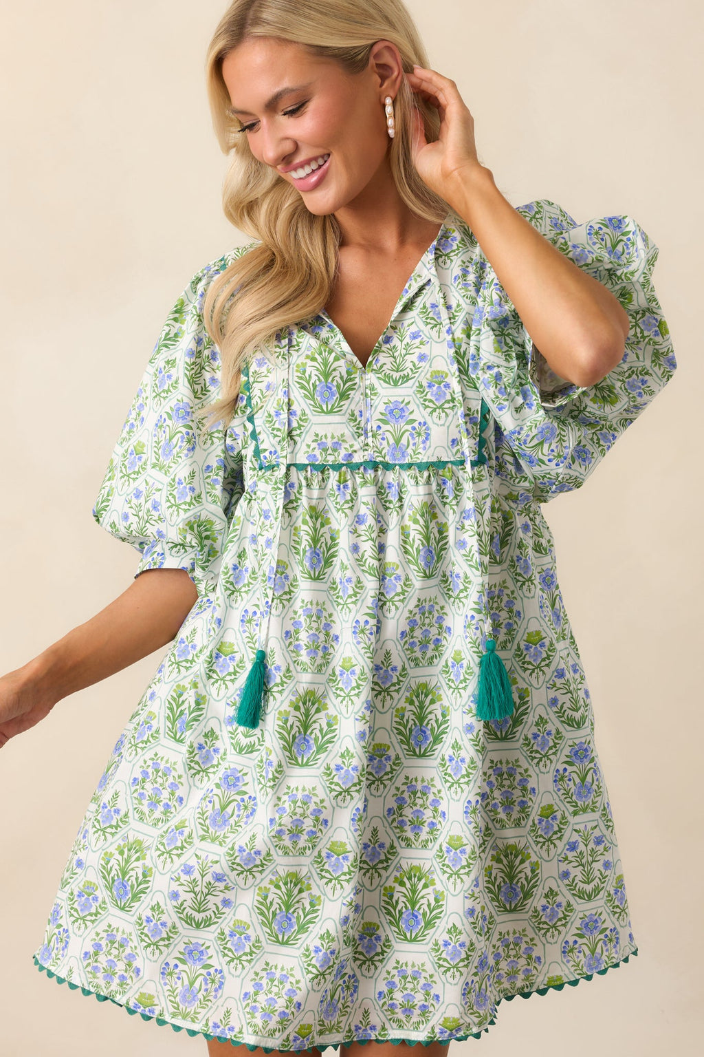 A Little Something Green Geometric Floral Cotton Mini Dress