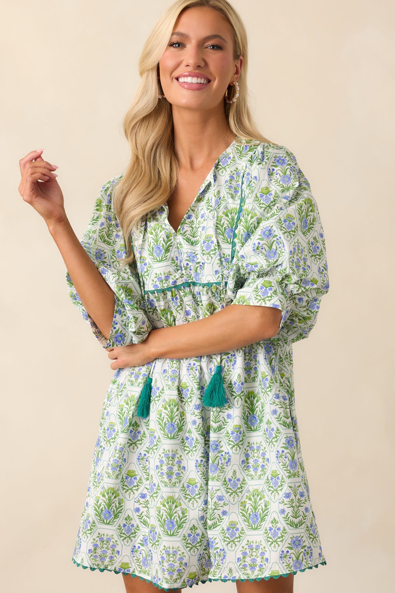 A Little Something Green Geometric Floral Cotton Mini Dress