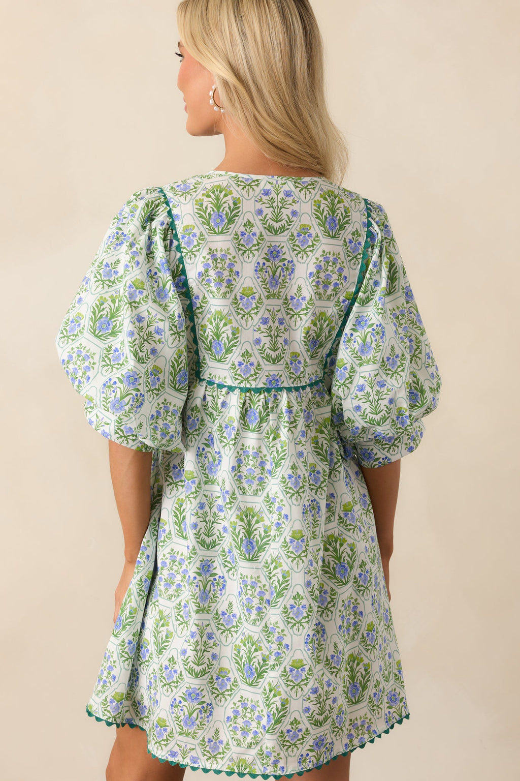 A Little Something Green Geometric Floral Cotton Mini Dress