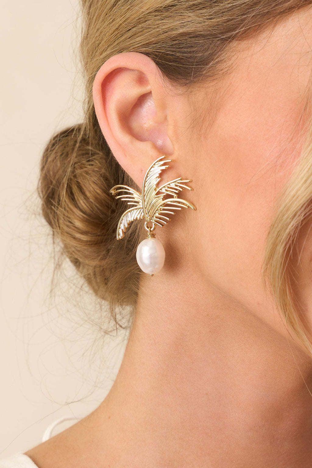 Laid Back Living Gold Ivory Pearl Palm Drop Earrings