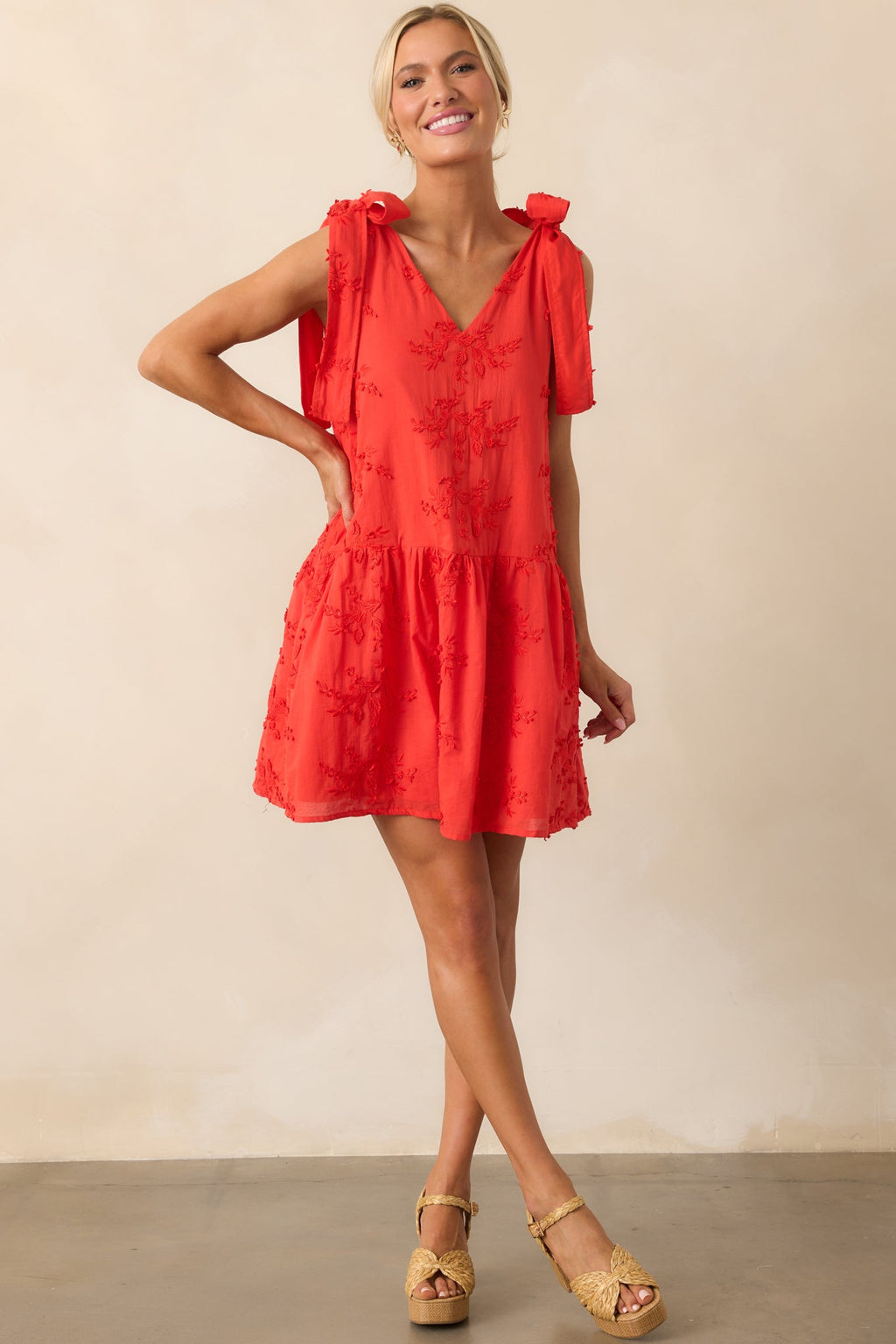 Holding Things Together Red Floral Embroidered Cotton Mini Dress