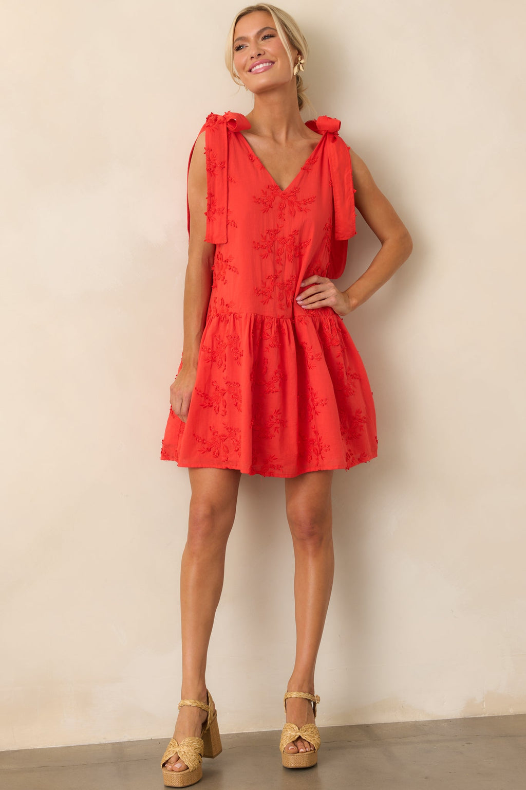 Holding Things Together Red Floral Embroidered Cotton Mini Dress