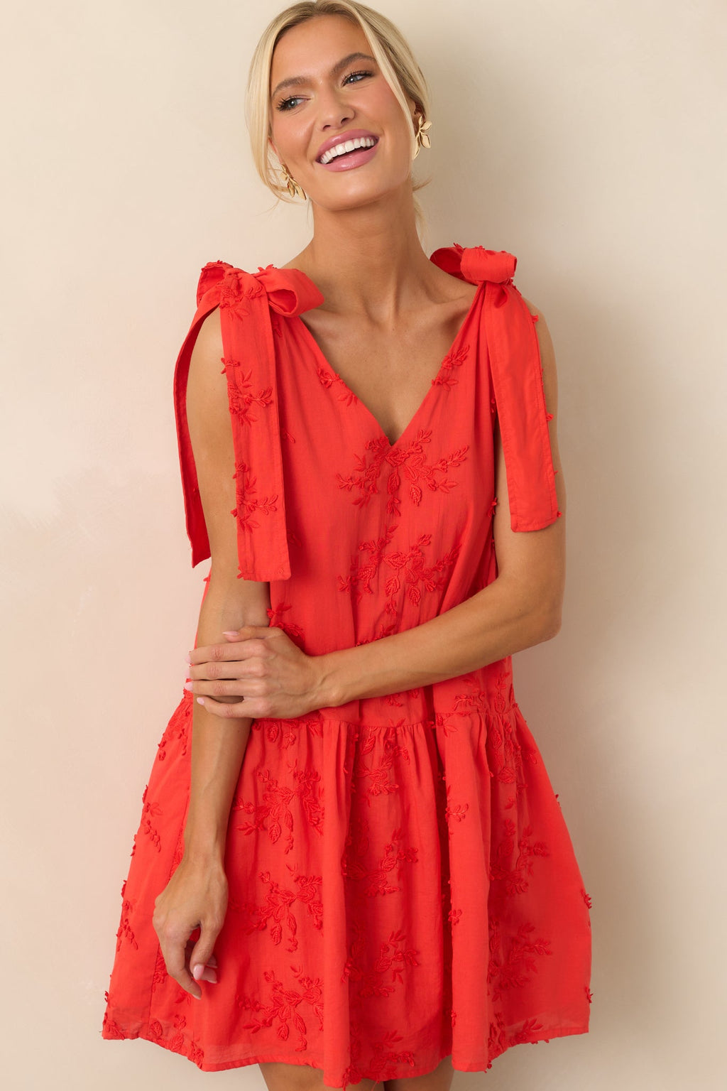 Holding Things Together Red Floral Embroidered Cotton Mini Dress