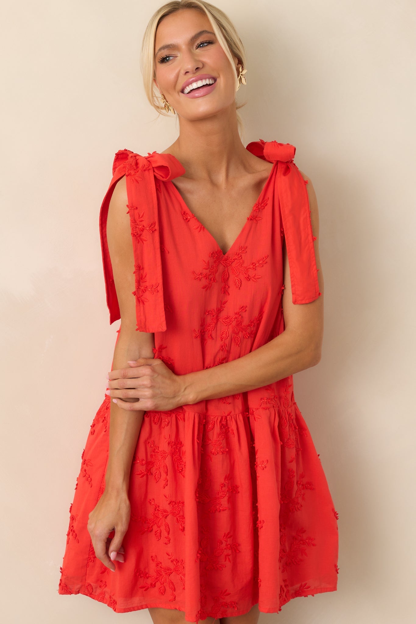 Holding Things Together Red Floral Embroidered Cotton Mini Dress