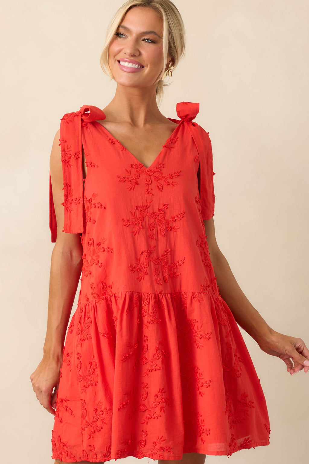 Holding Things Together Red Floral Embroidered Cotton Mini Dress