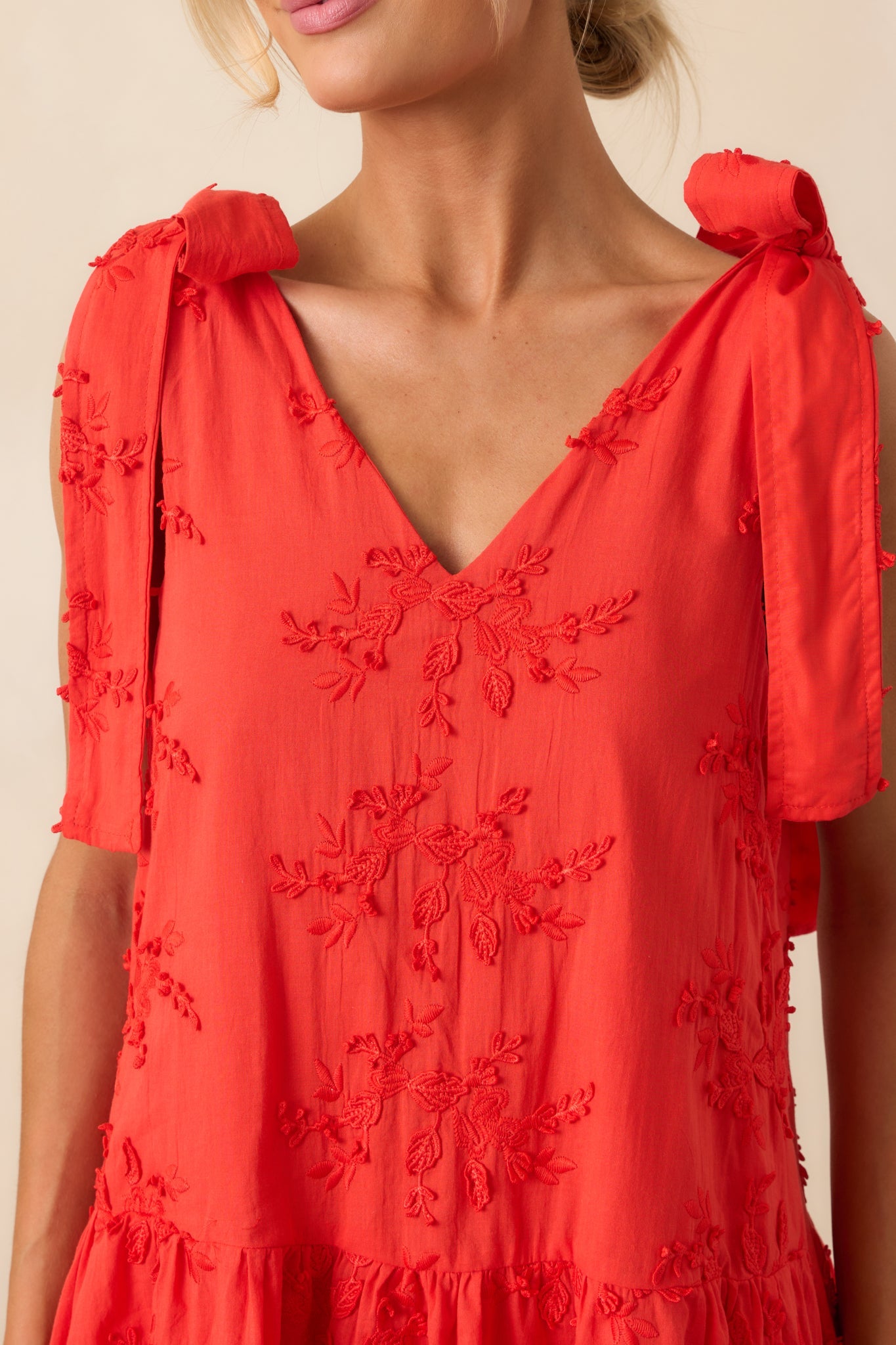 Holding Things Together Red Floral Embroidered Cotton Mini Dress