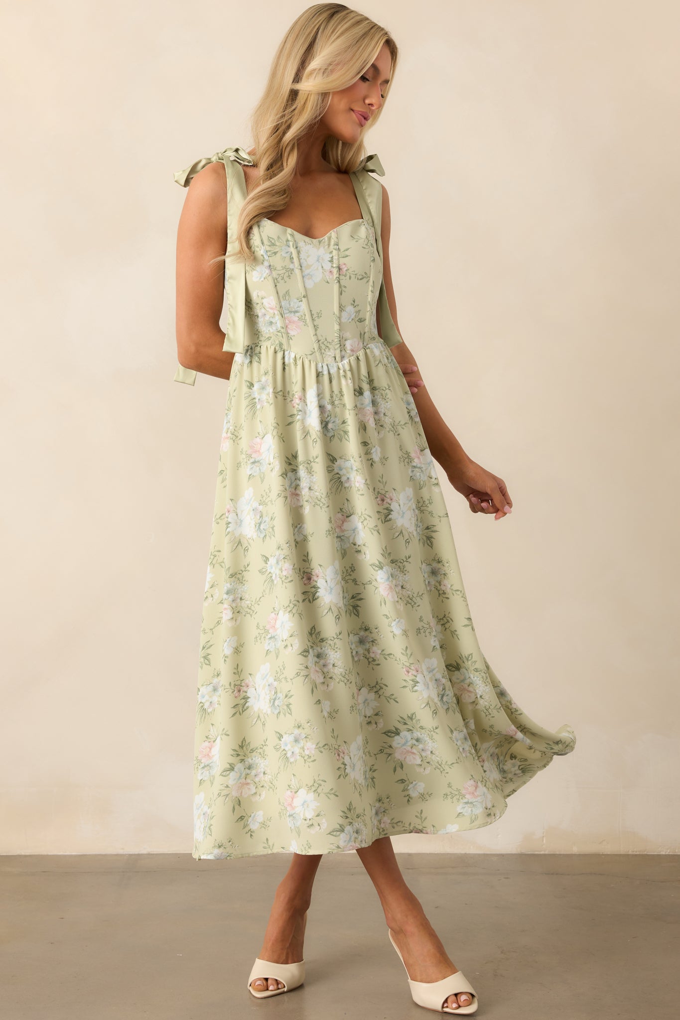 Let The Good In Light Sage Floral Chiffon Corset Maxi Dress