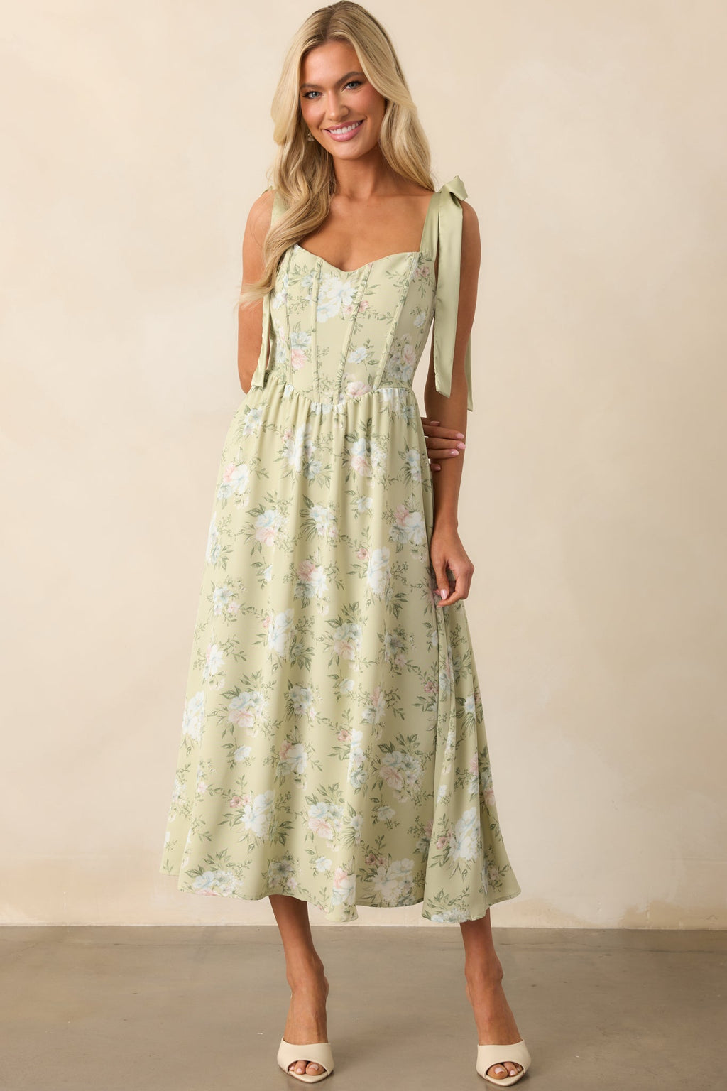 Let The Good In Light Sage Floral Chiffon Corset Maxi Dress