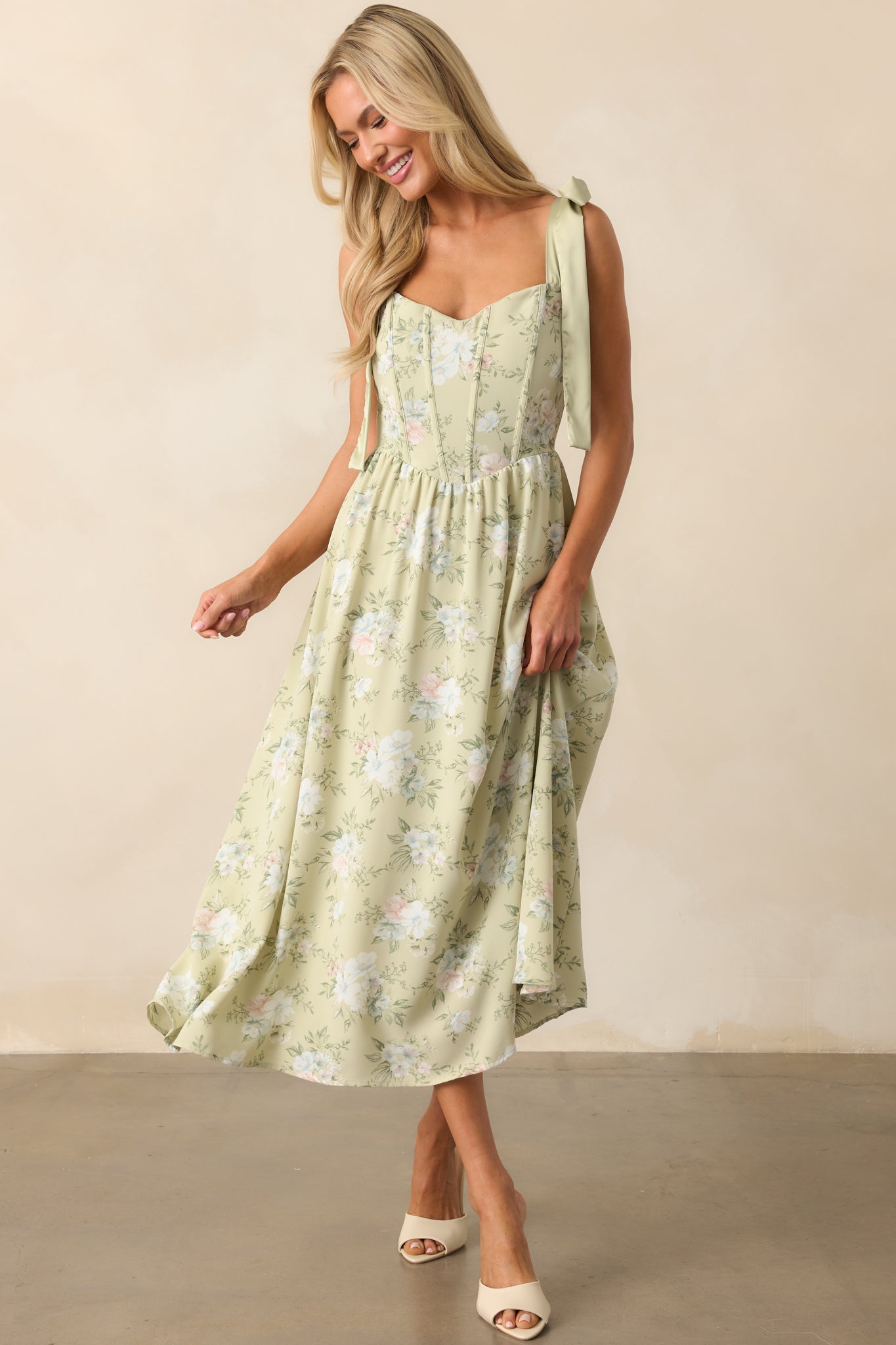 Let The Good In Light Sage Floral Chiffon Corset Maxi Dress