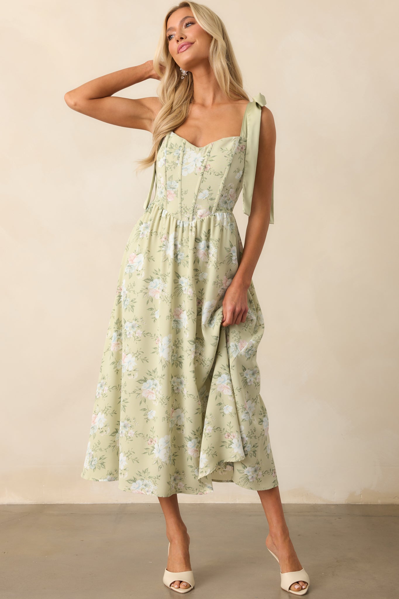 Let The Good In Light Sage Floral Chiffon Corset Maxi Dress