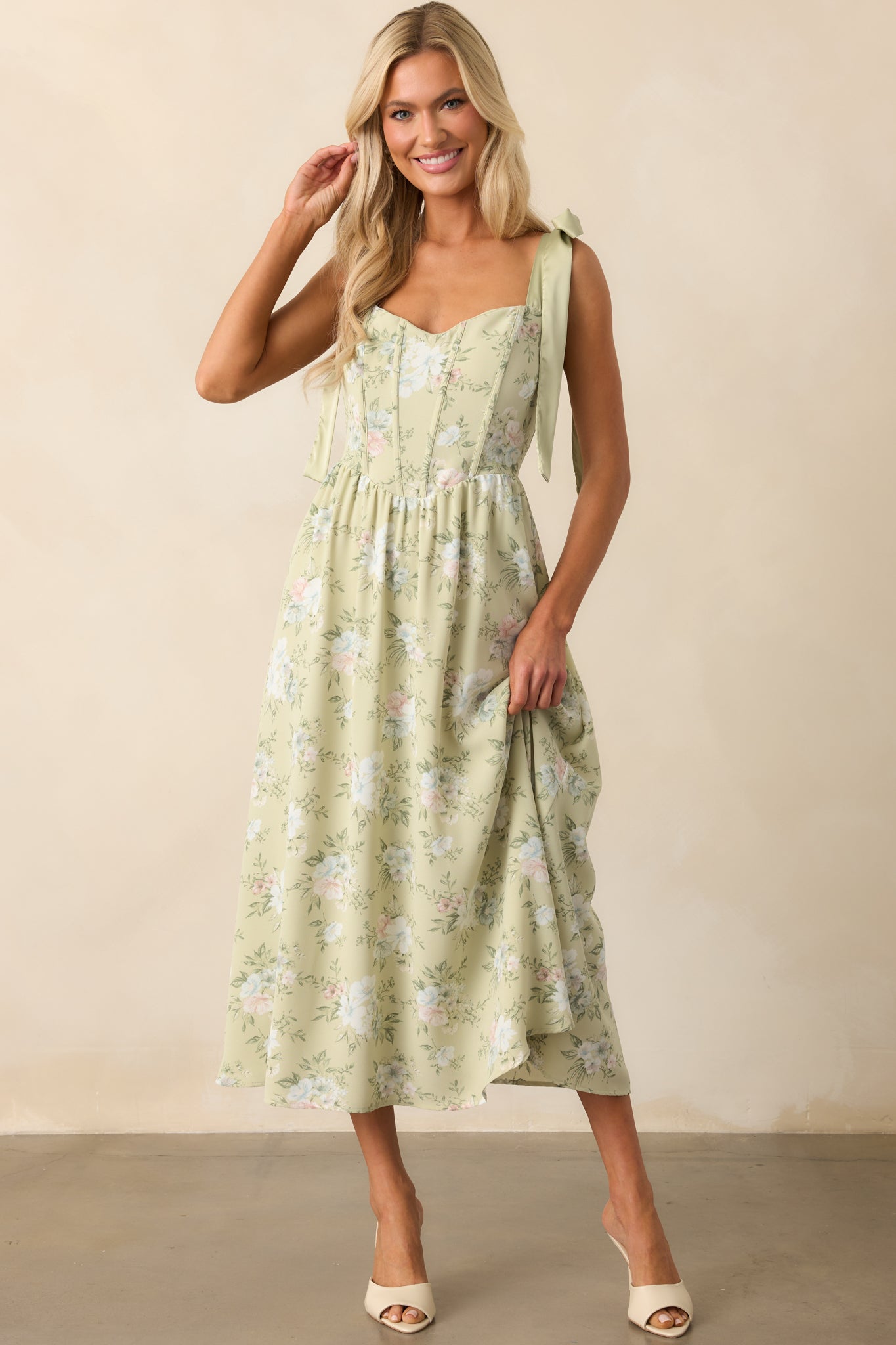 Let The Good In Light Sage Floral Chiffon Corset Maxi Dress