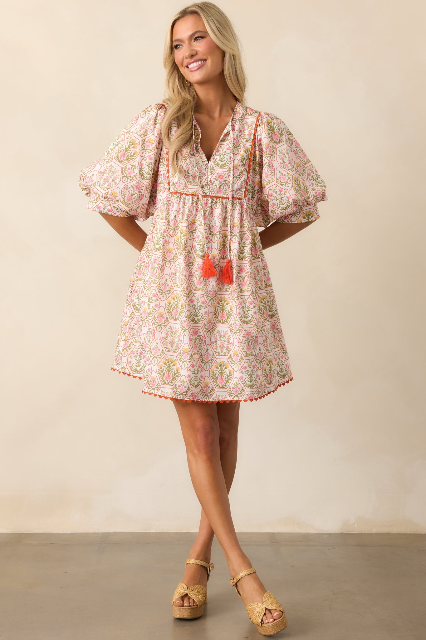 A Little Something Orange Geometric Floral Cotton Mini Dress