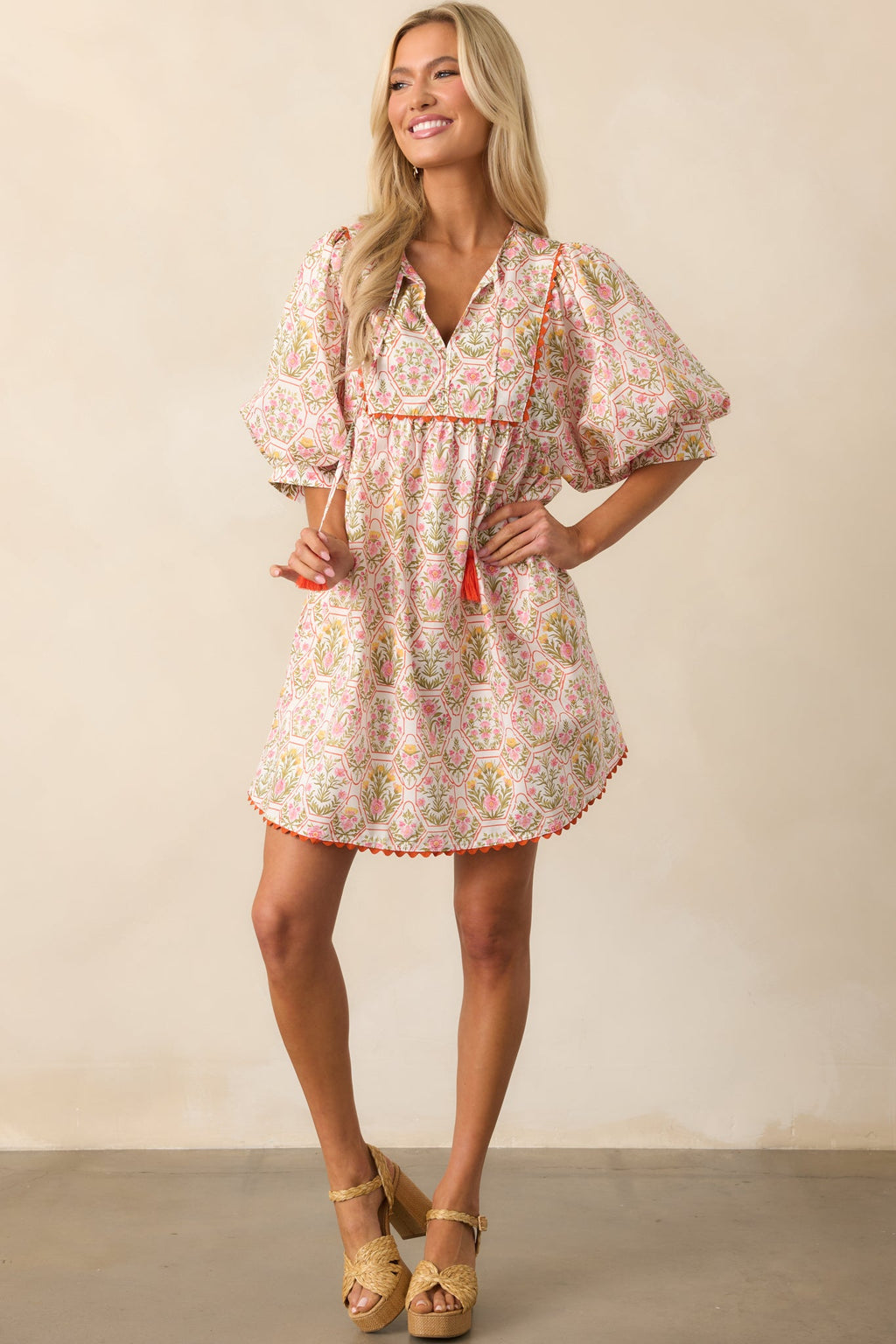 A Little Something Orange Geometric Floral Cotton Mini Dress