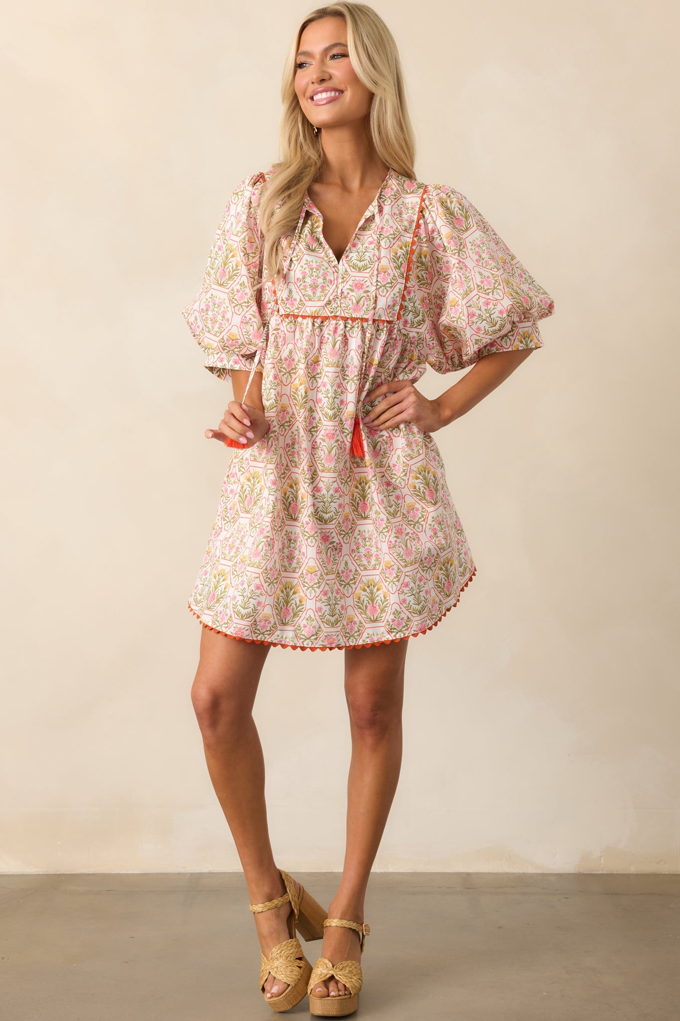 A Little Something Orange Geometric Floral Cotton Mini Dress