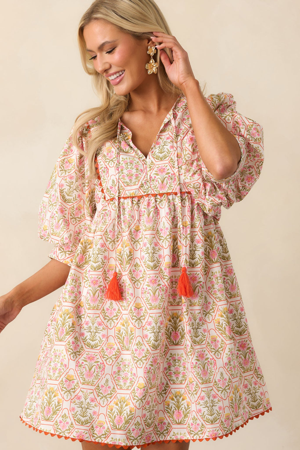 A Little Something Orange Geometric Floral Cotton Mini Dress