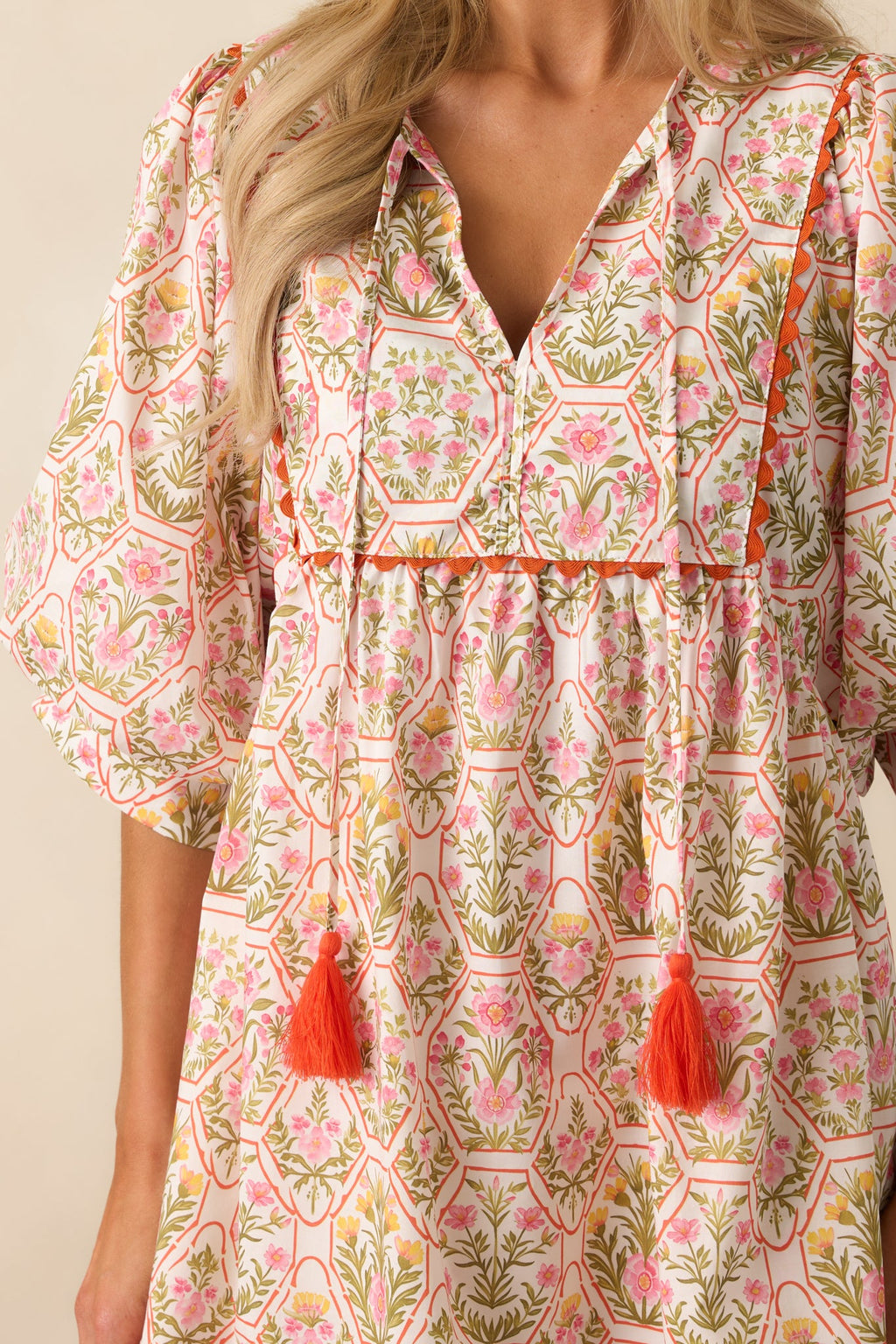 A Little Something Orange Geometric Floral Cotton Mini Dress