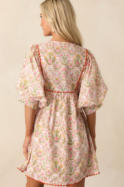 A Little Something Orange Geometric Floral Cotton Mini Dress