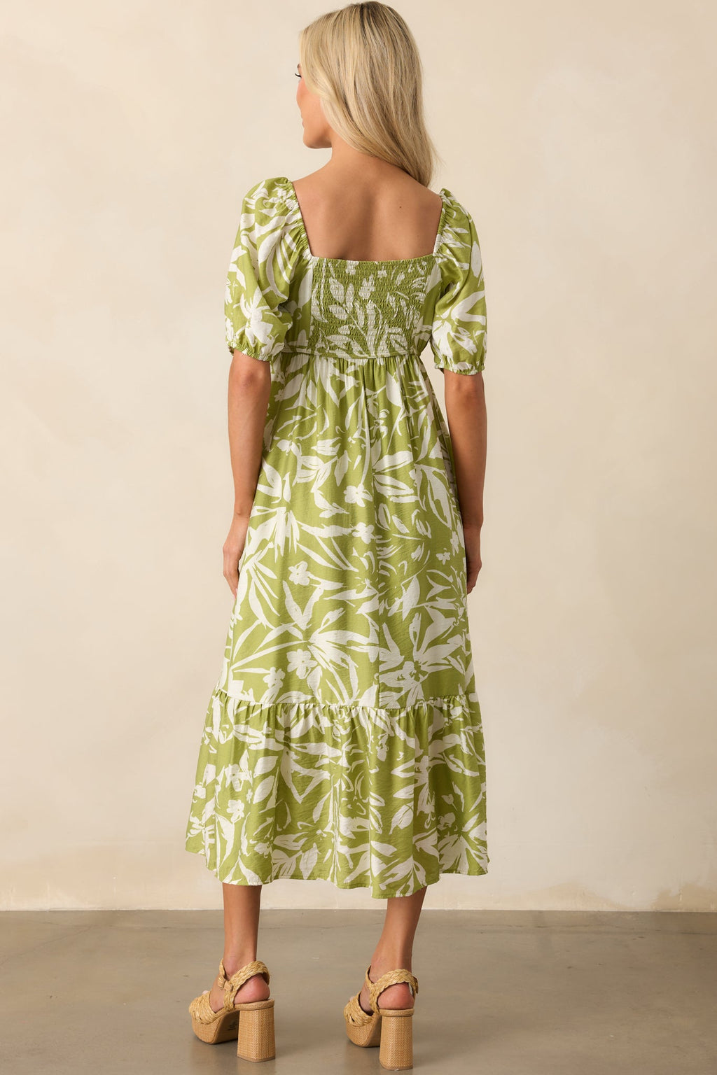 In The Right Places Chartreuse Green Floral Midi Dress