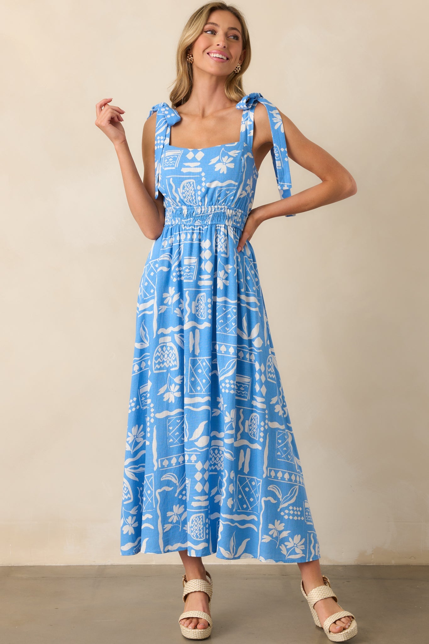 For The Fun Of It Blue Tropical Print Maxi Dress
