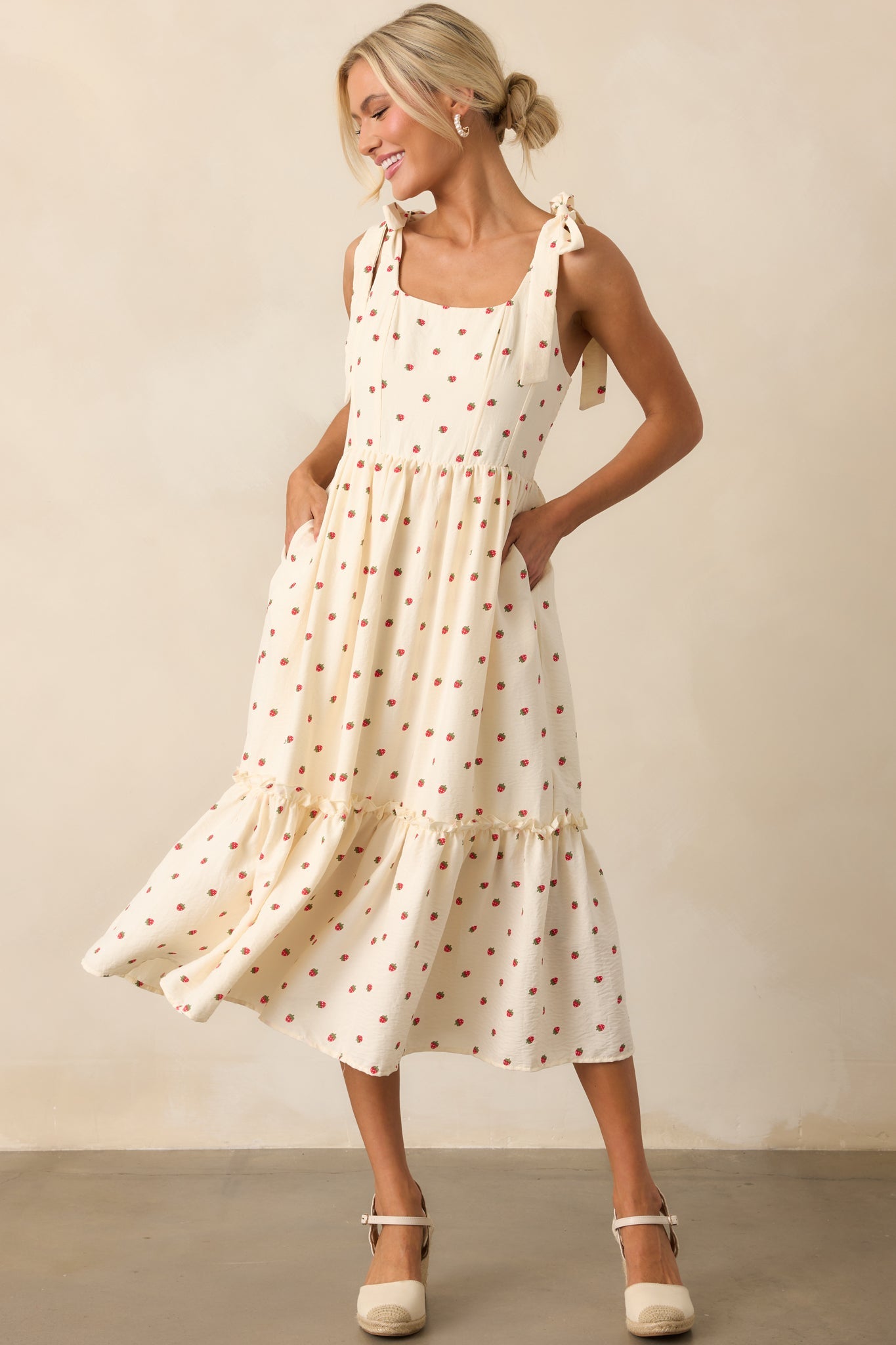 Freshly Picked Ivory Strawberry Print Sleeveless Midi Dress