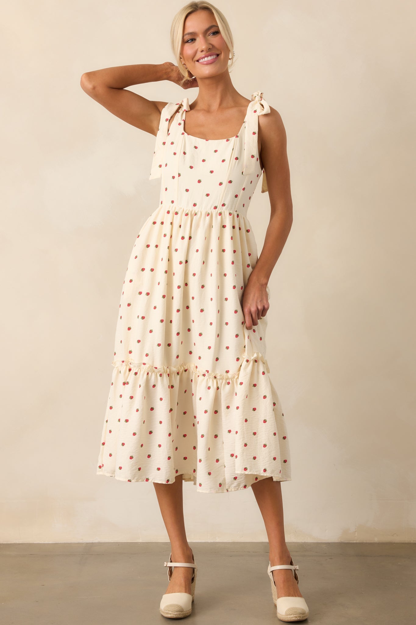 Freshly Picked Ivory Strawberry Print Sleeveless Midi Dress