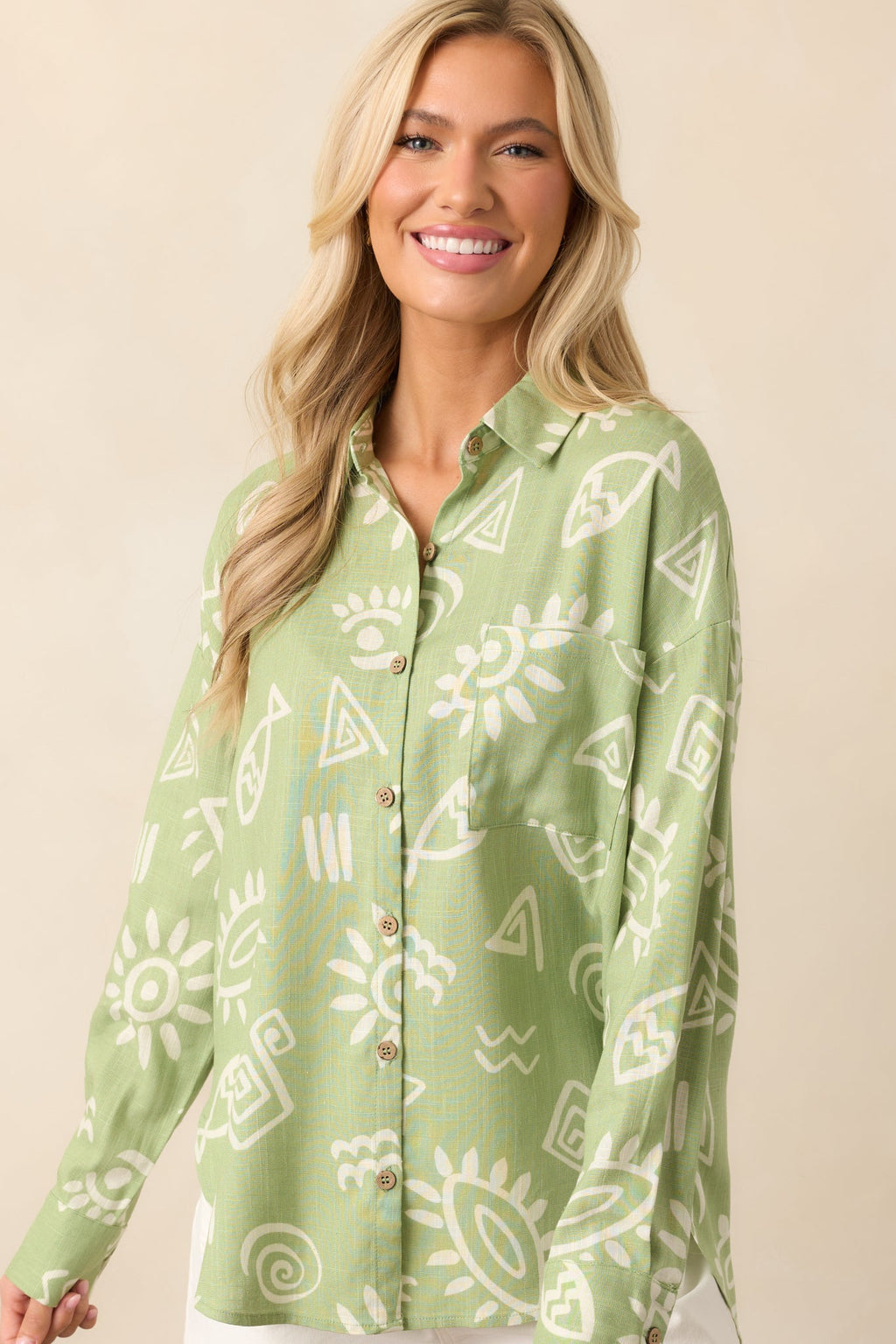 In My Flow Olive Green Tropical Print Linen Button Front Top