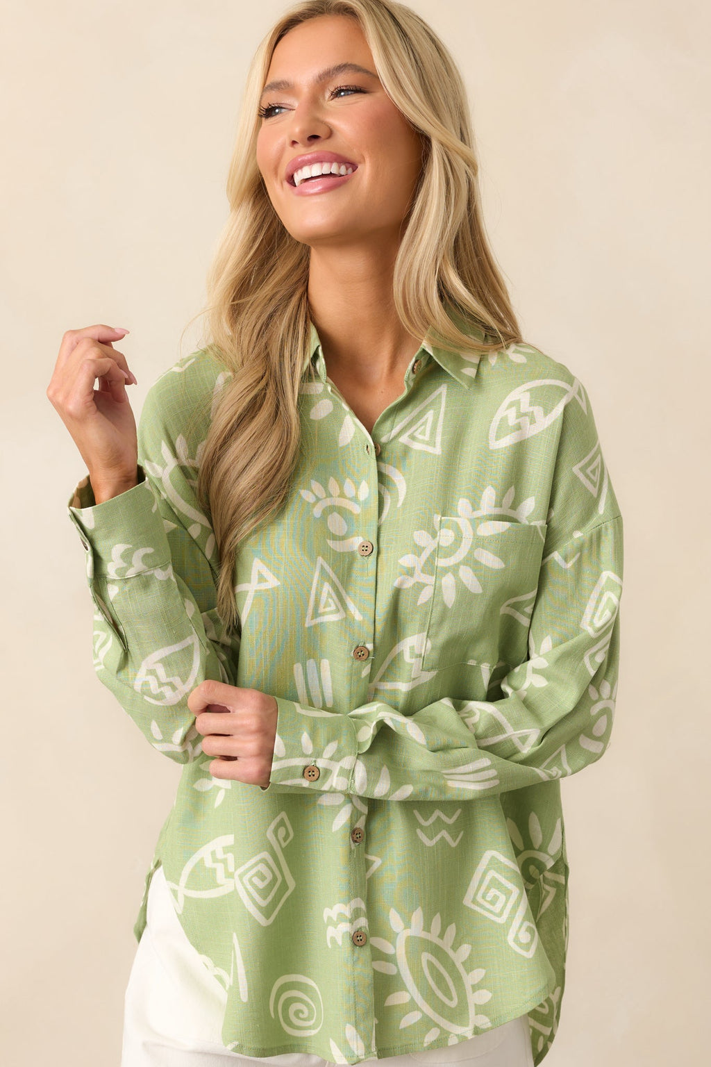In My Flow Olive Green Tropical Print Linen Button Front Top