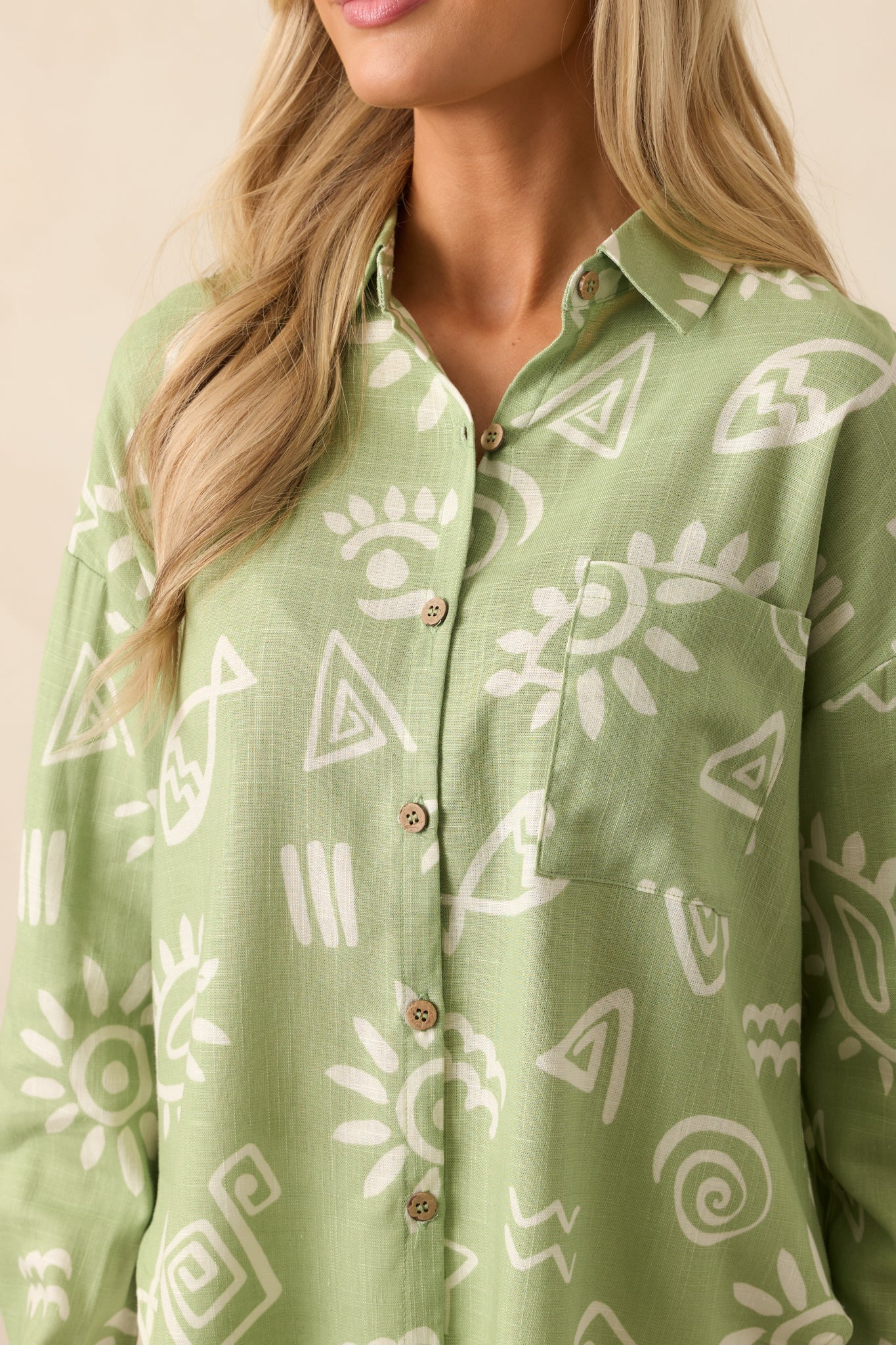 In My Flow Olive Green Tropical Print Linen Button Front Top