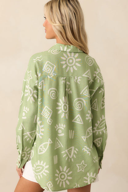 In My Flow Olive Green Tropical Print Linen Button Front Top