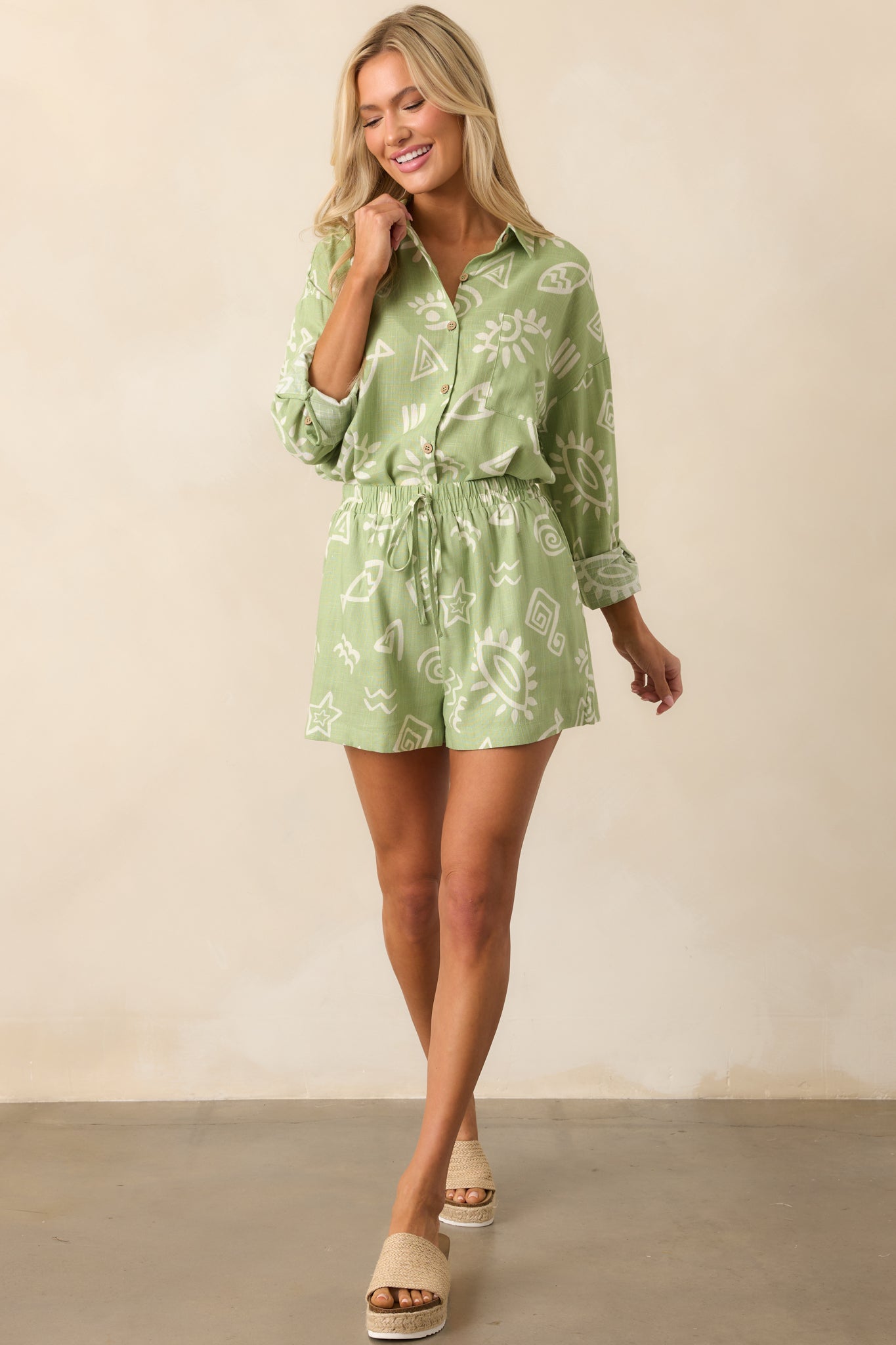 In My Flow Olive Green Tropical Print Linen Button Front Top