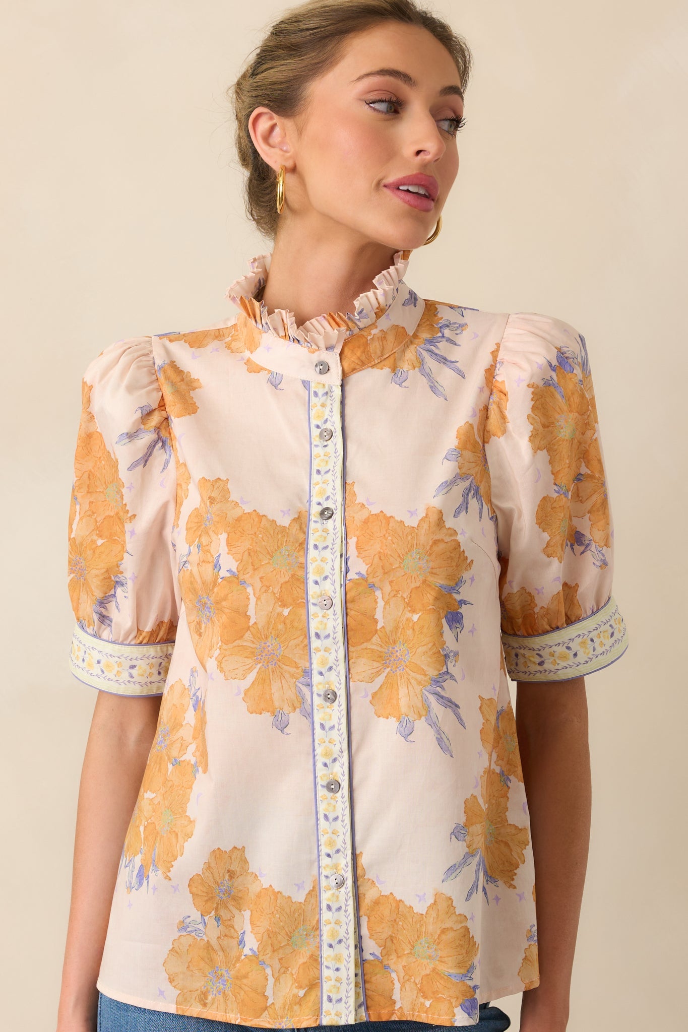 Lingering Memories Honey Yellow Floral Cotton Button Front Top