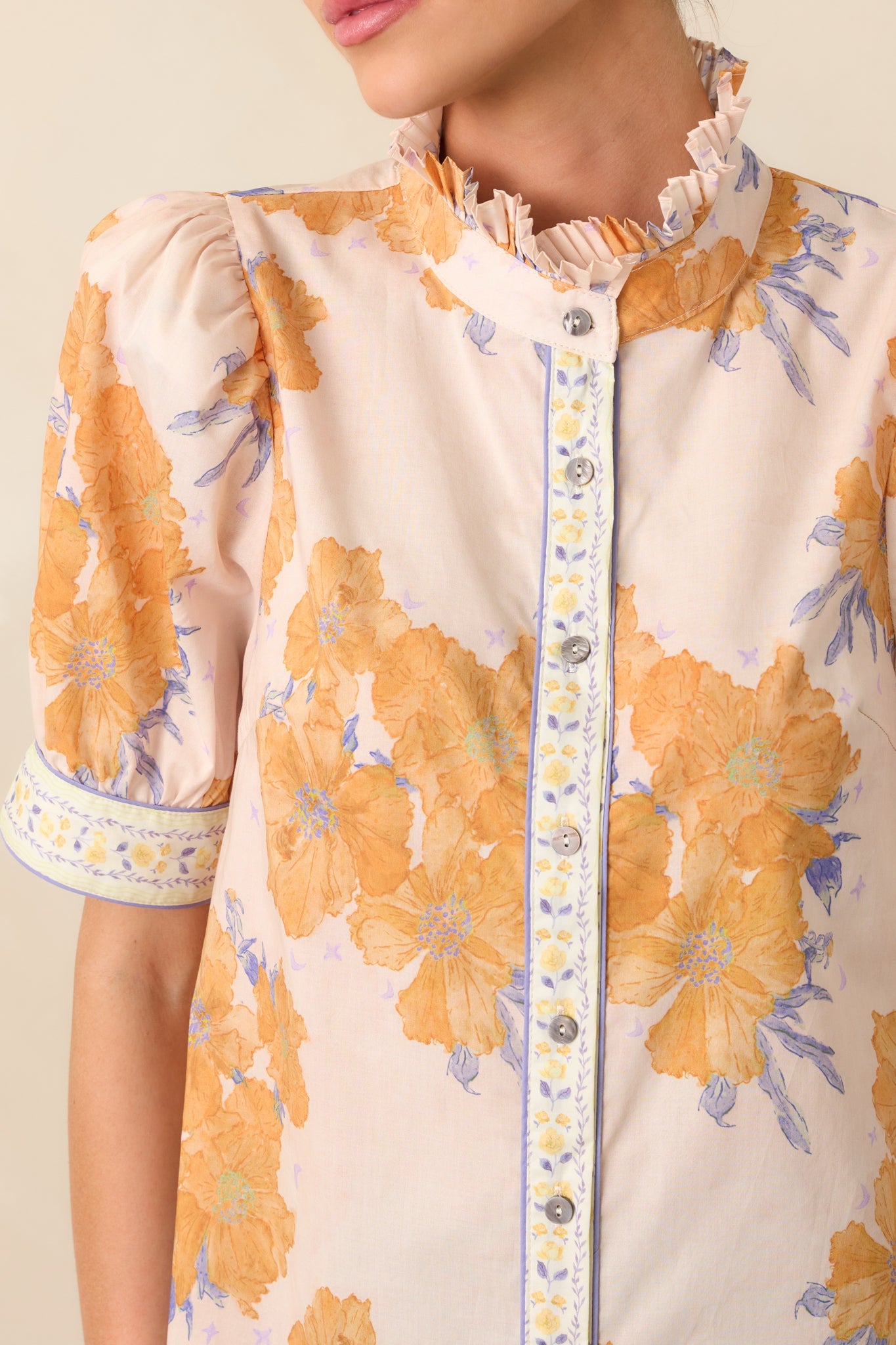 Lingering Memories Honey Yellow Floral Cotton Button Front Top