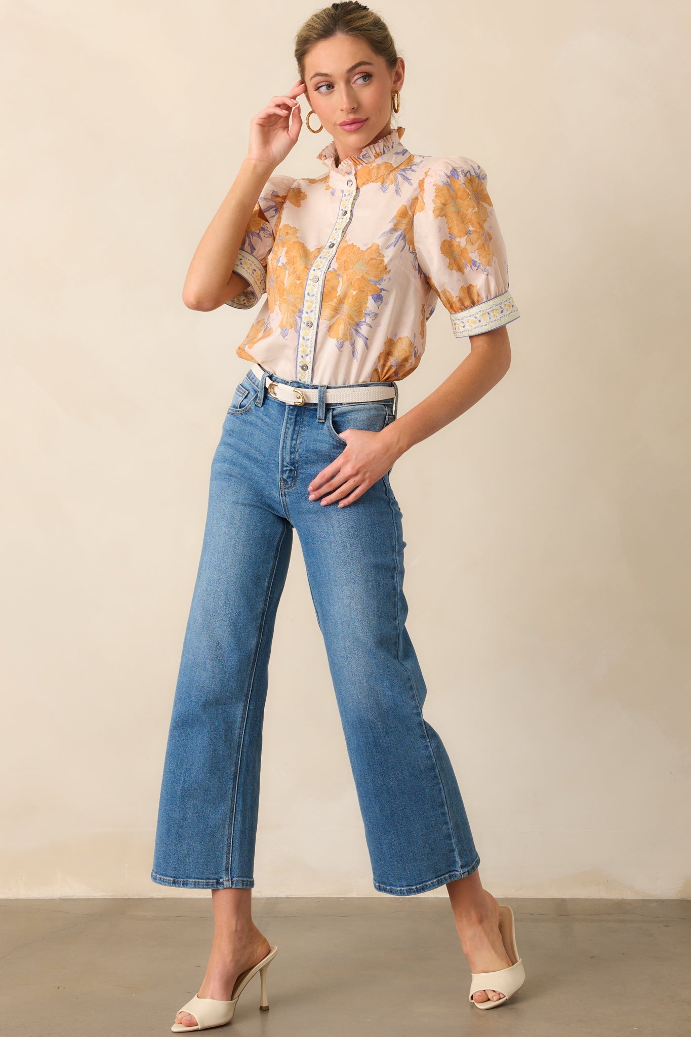 Lingering Memories Honey Yellow Floral Cotton Button Front Top