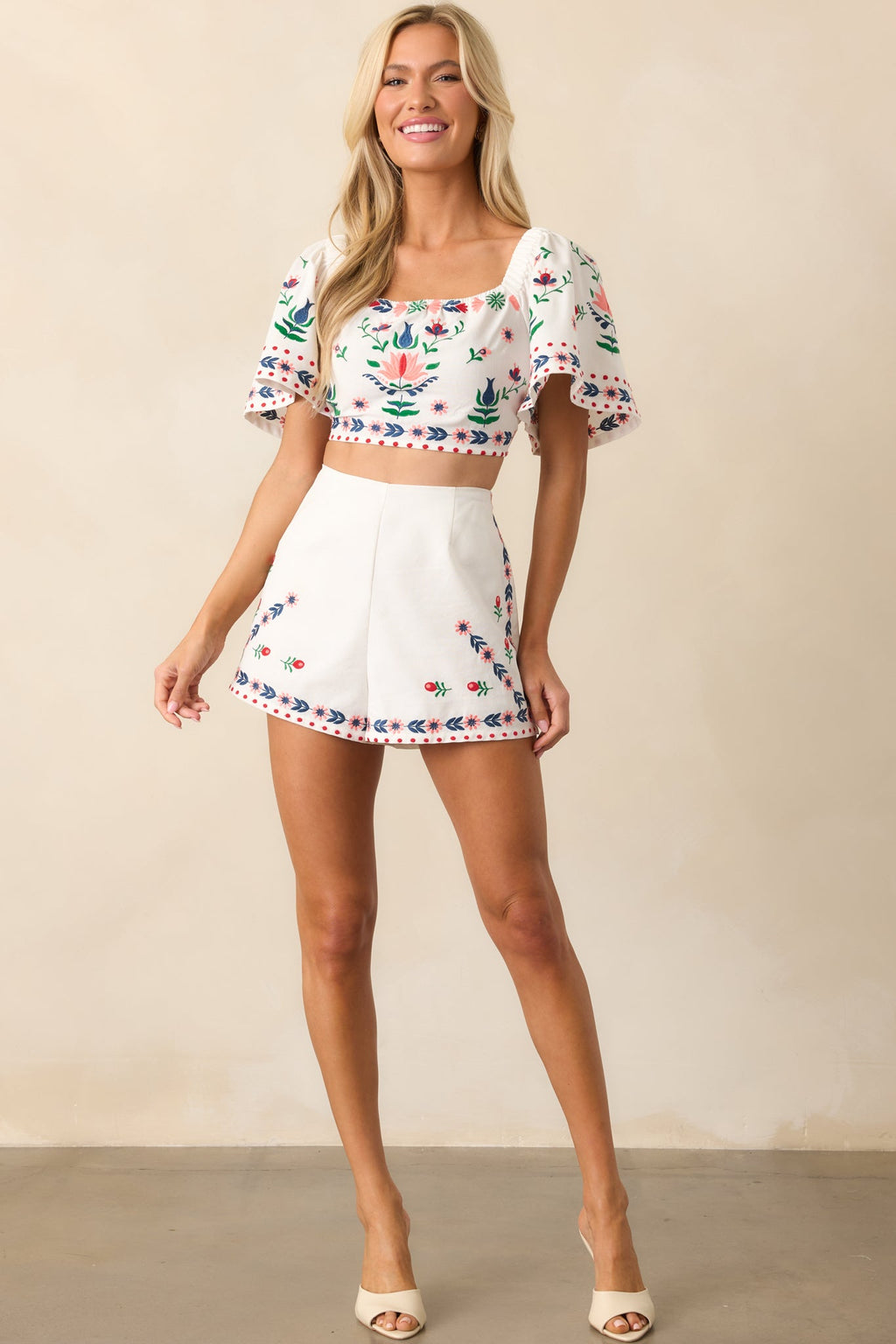 Creating Memories Ivory Floral Embroidered High Waisted Shorts