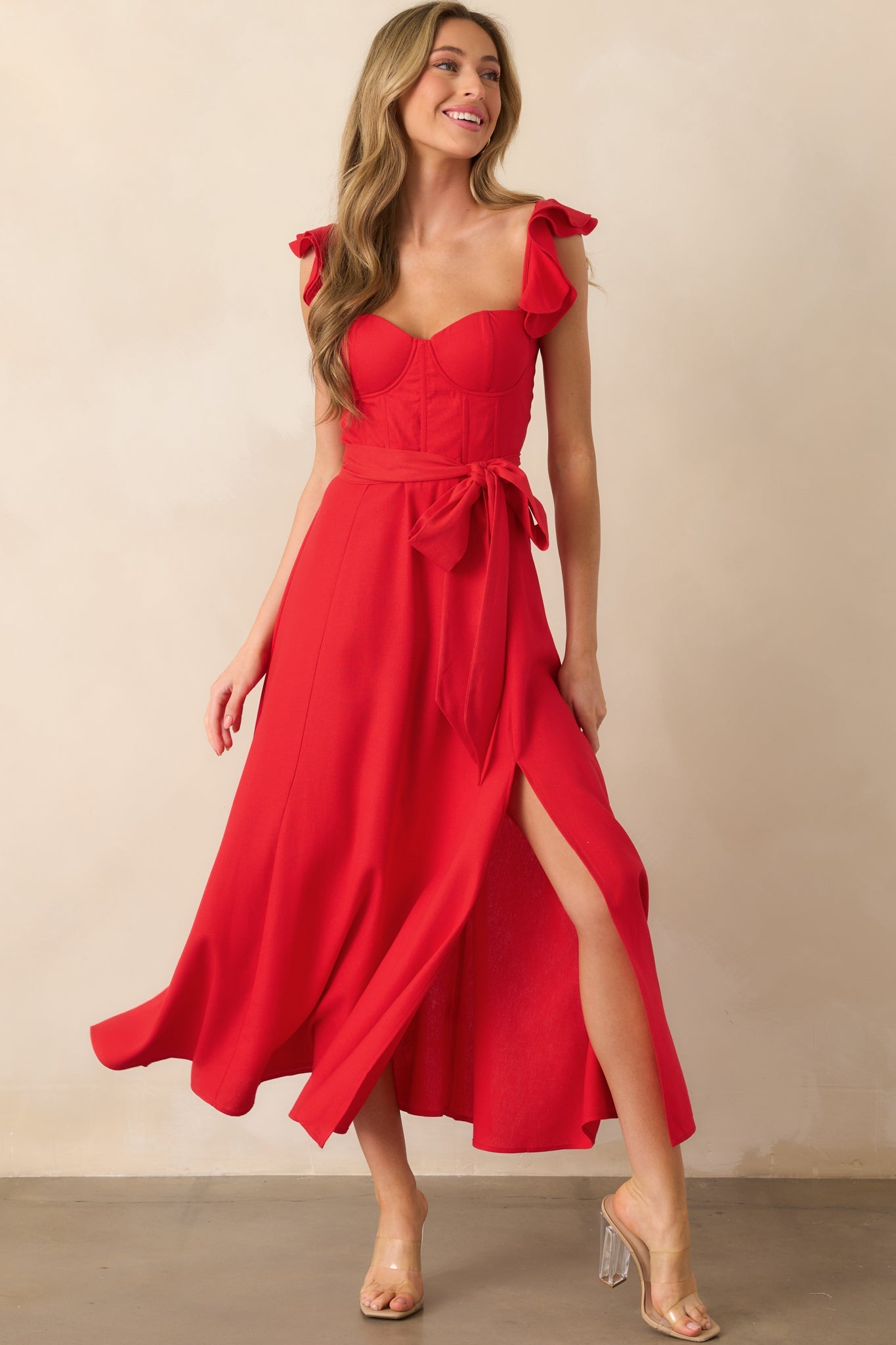 Aimee Red Linen Blend Bustier Maxi Dress