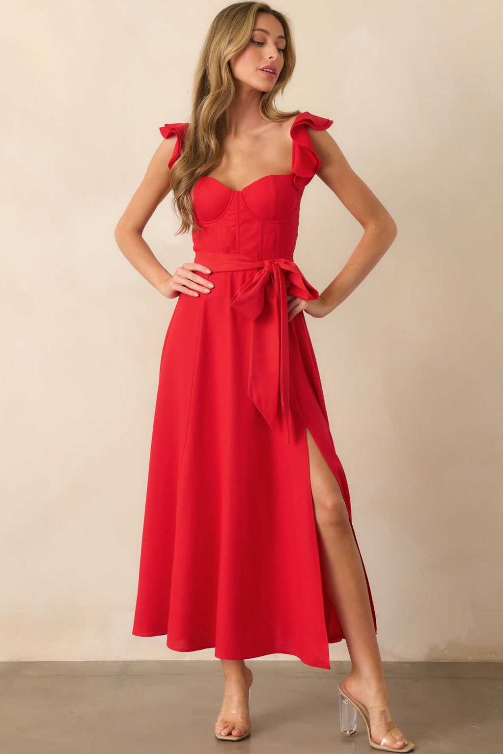 Aimee Red Linen Blend Bustier Maxi Dress