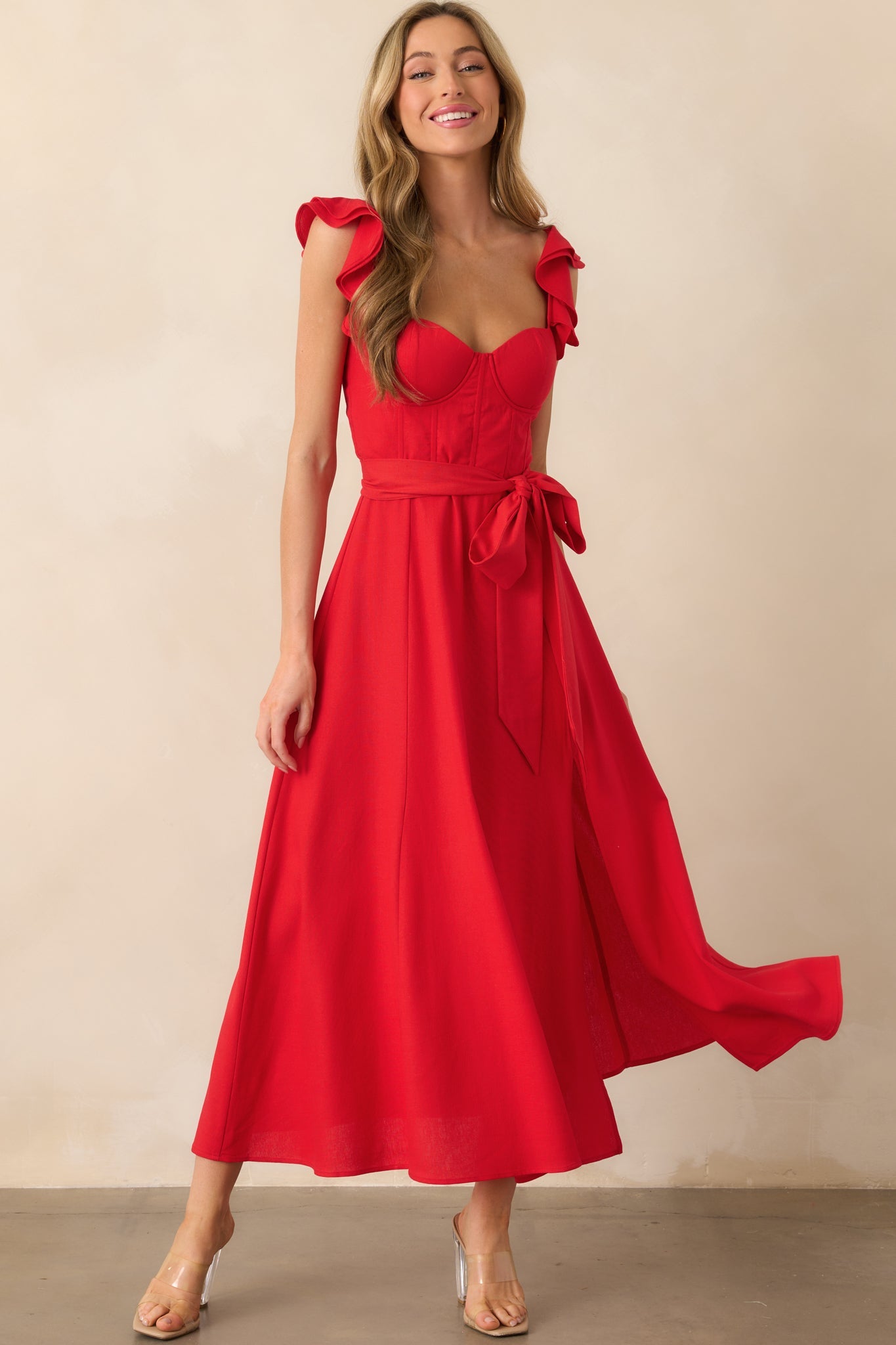 Aimee Red Linen Blend Bustier Maxi Dress