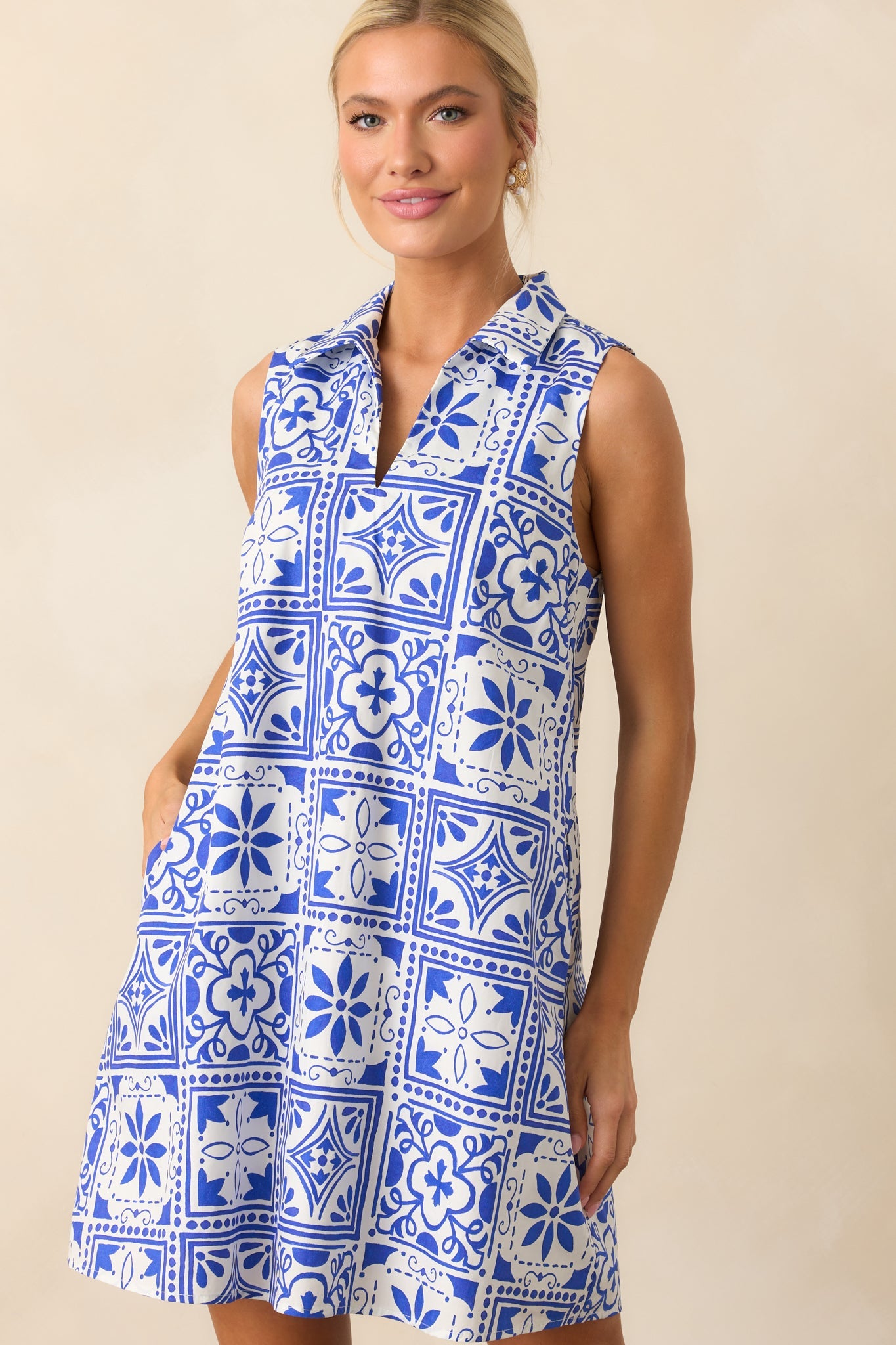 Everyday Ease Blue Sicilian Tile Print Cotton Mini Dress