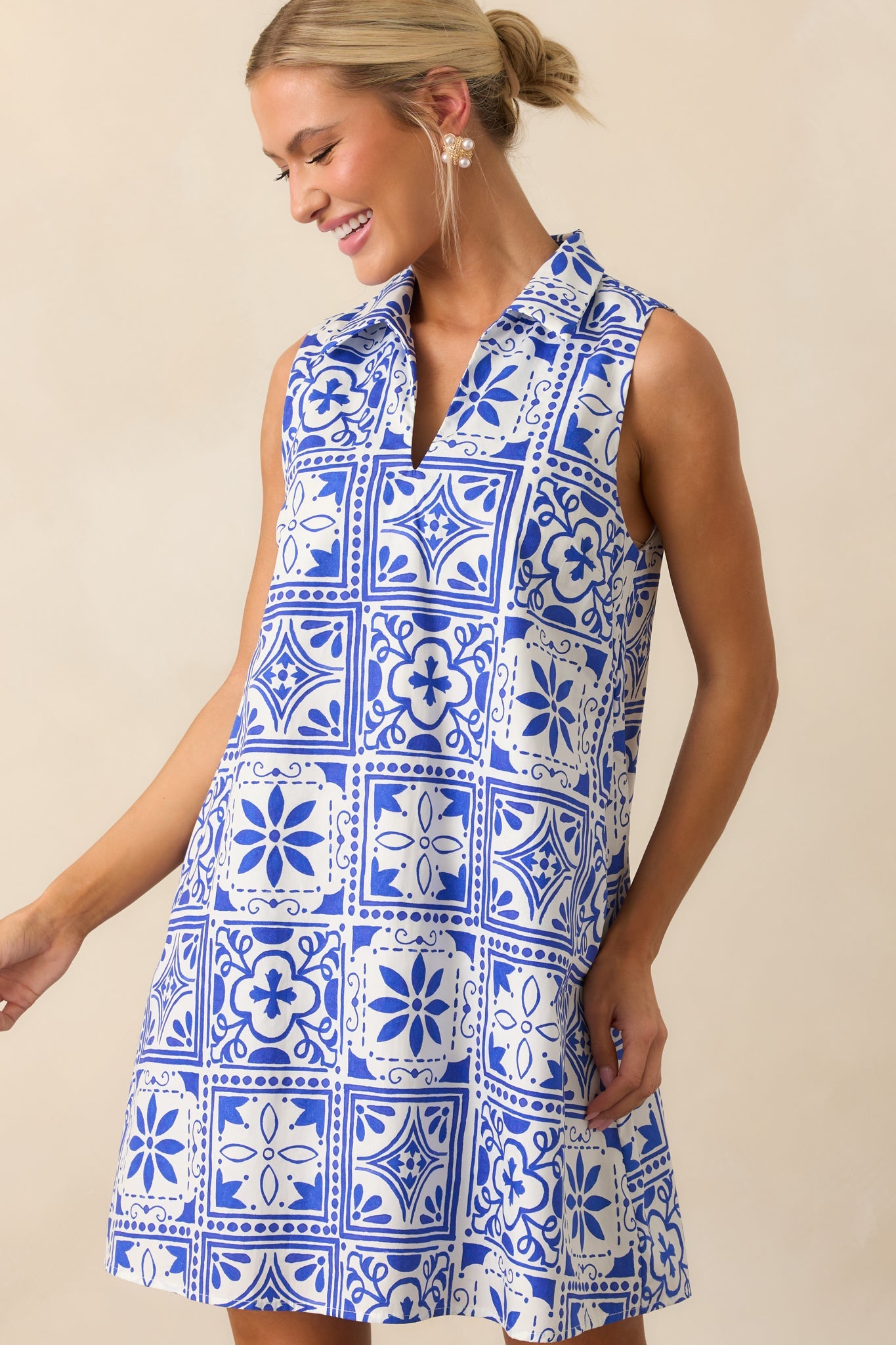 Everyday Ease Blue Sicilian Tile Print Cotton Mini Dress