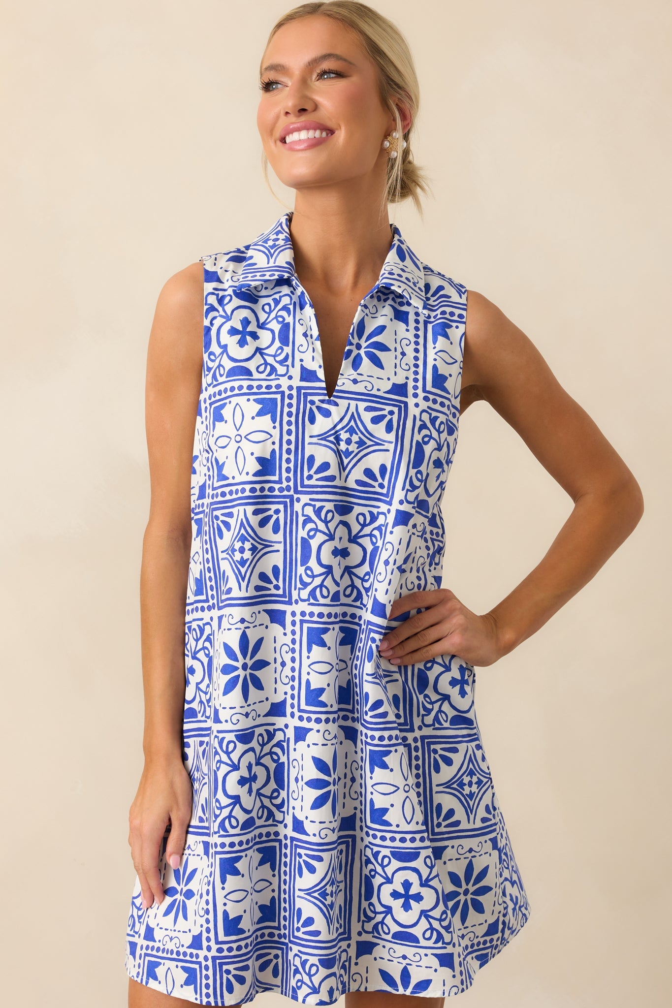 Everyday Ease Blue Sicilian Tile Print Cotton Mini Dress