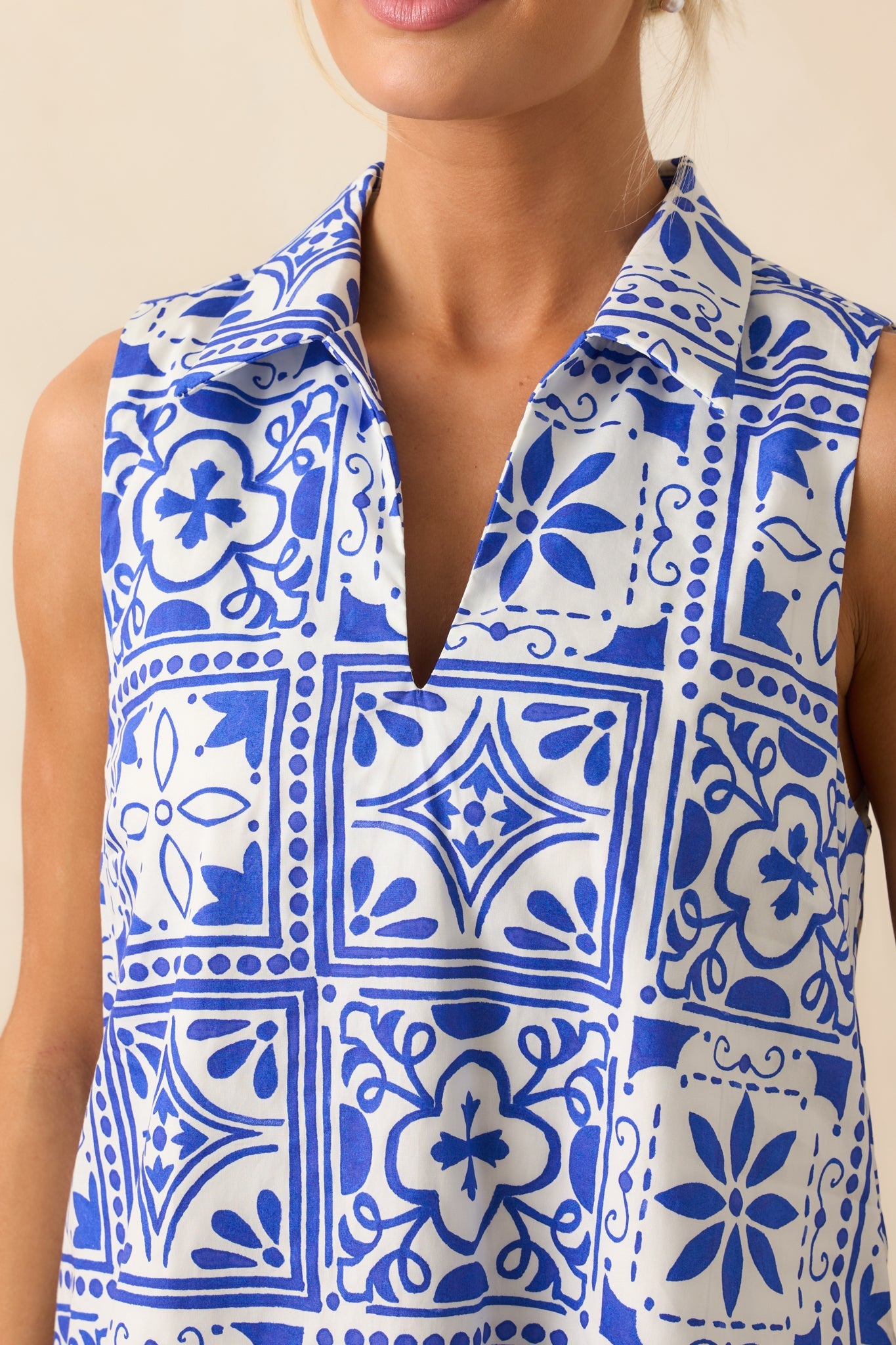 Everyday Ease Blue Sicilian Tile Print Cotton Mini Dress