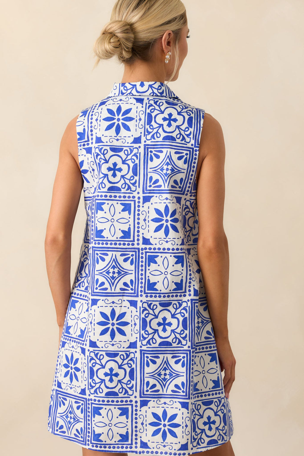 Everyday Ease Blue Sicilian Tile Print Cotton Mini Dress