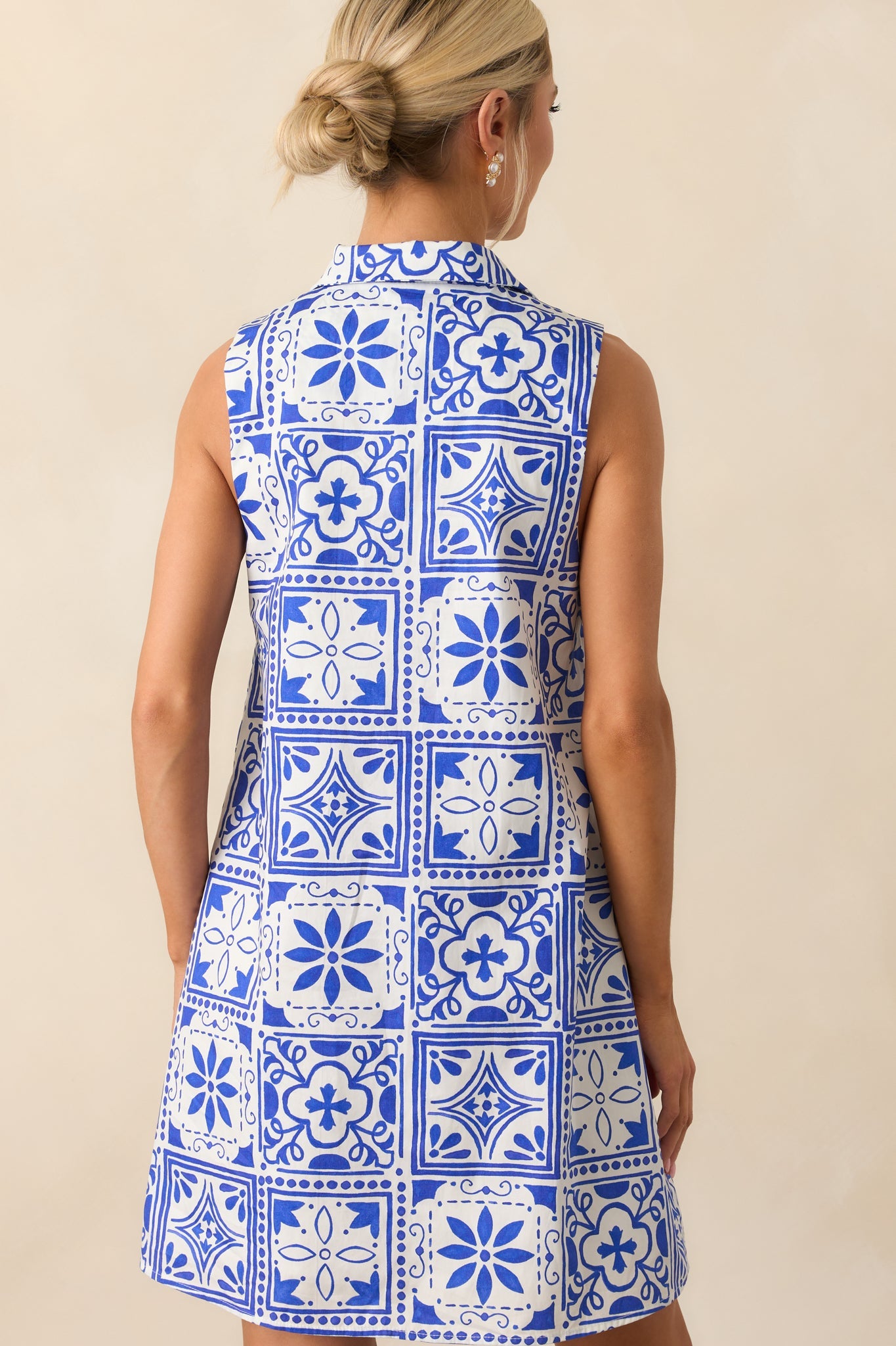 Everyday Ease Blue Sicilian Tile Print Cotton Mini Dress
