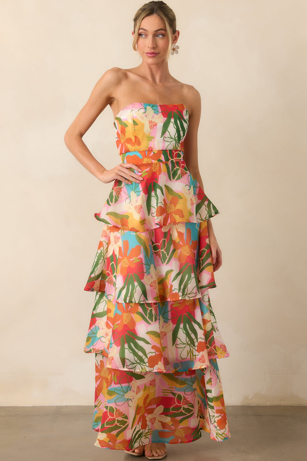 Calista Multi Tropical Print Ruffle Strapless Maxi Dress