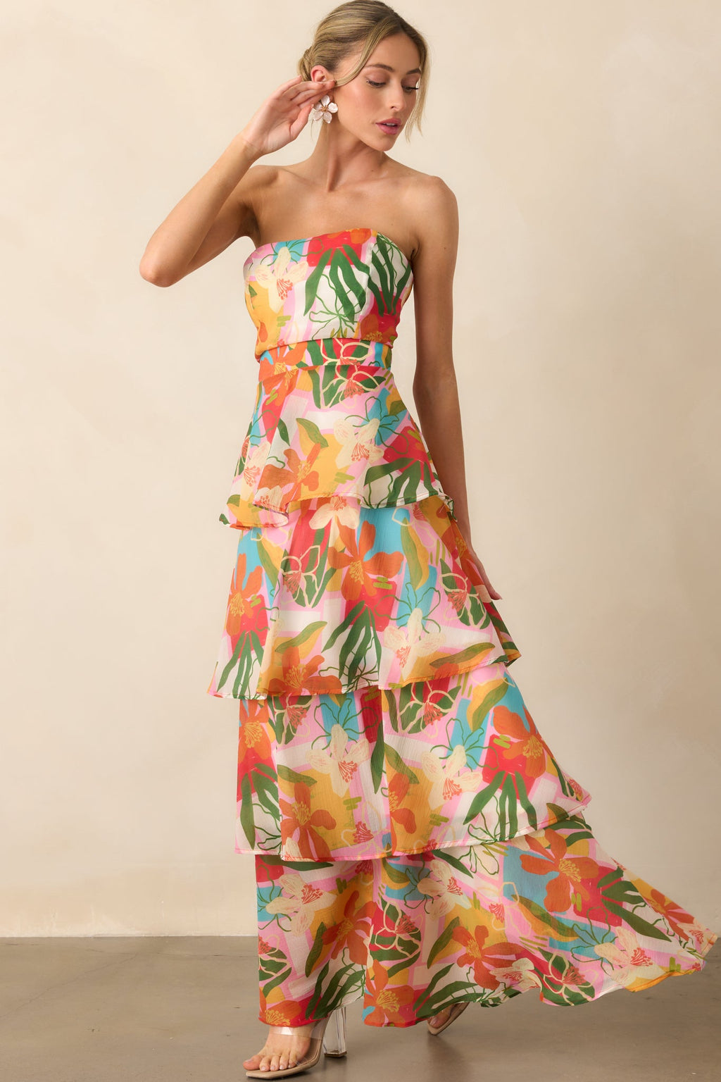 Calista Multi Tropical Print Ruffle Strapless Maxi Dress